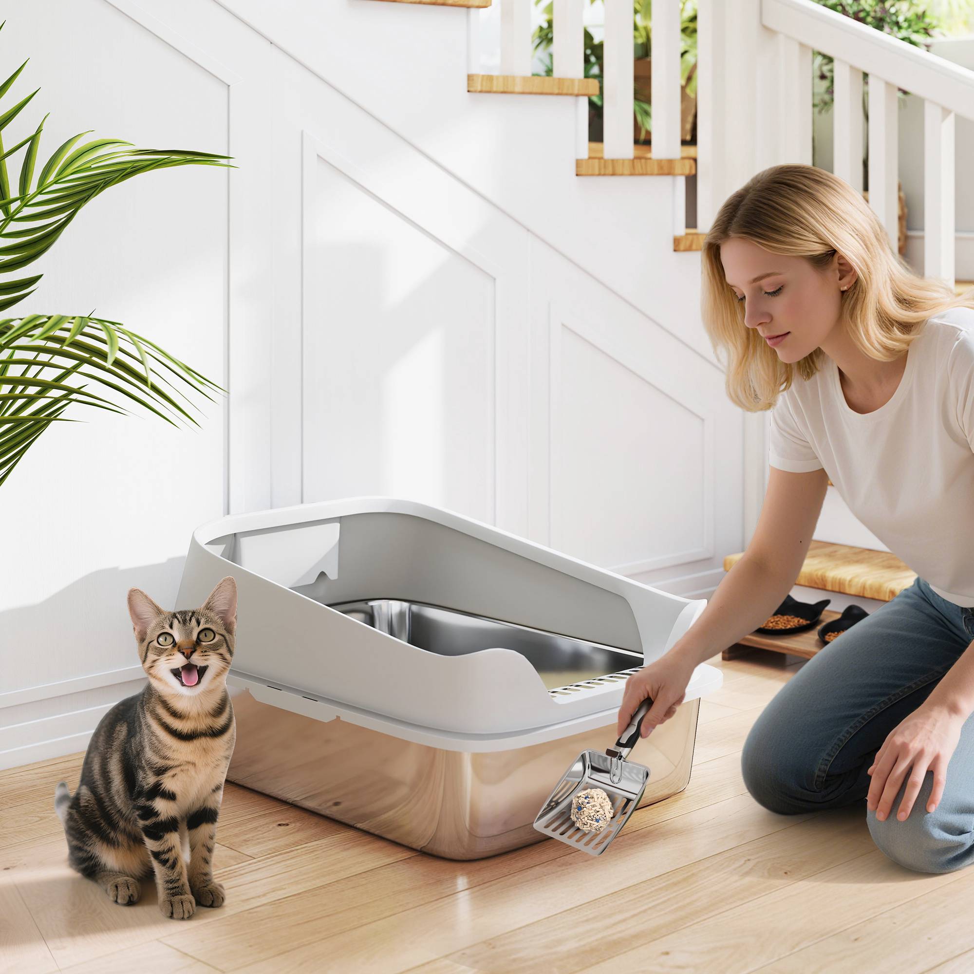 Kattlåda i rostfritt stål med skopa, höga sidor, XL