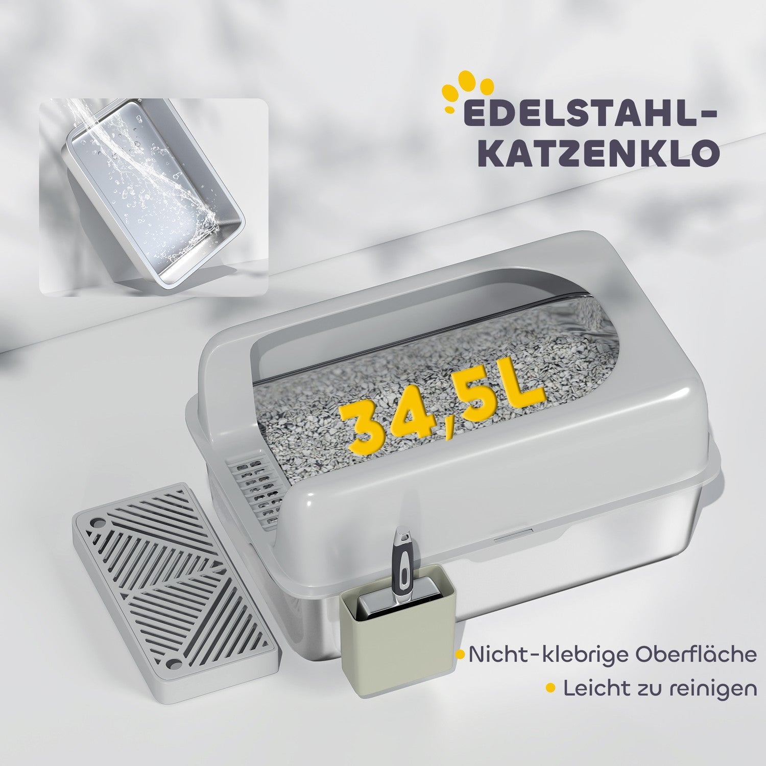 Kattlåda med lock & skopa, rostfritt stål, ljusgrå