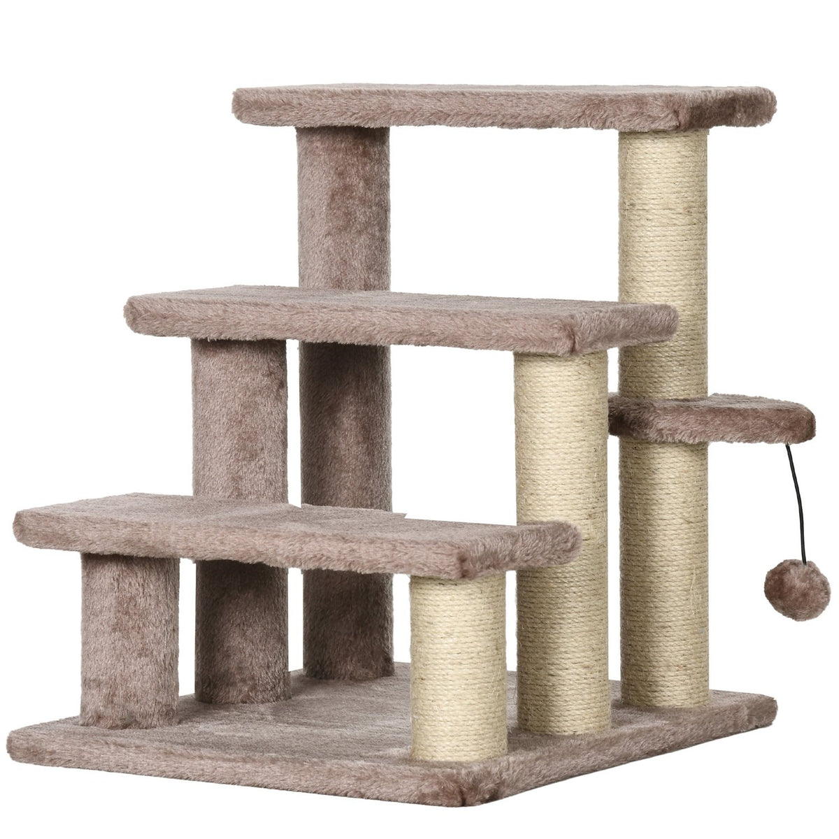 Katzen- und Hundetreppe, 3 Stufen mit Kratzsäulen, plüschbraun