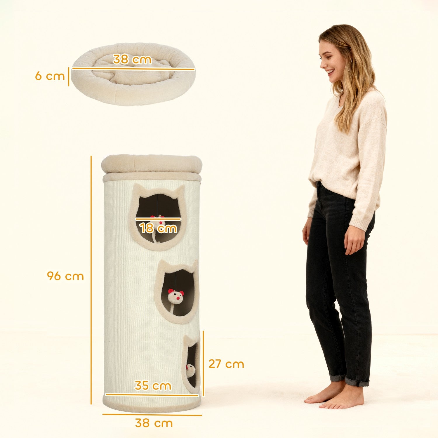 Kattorn med tvättbar säng, 96 cm, 3 gömställen, grått