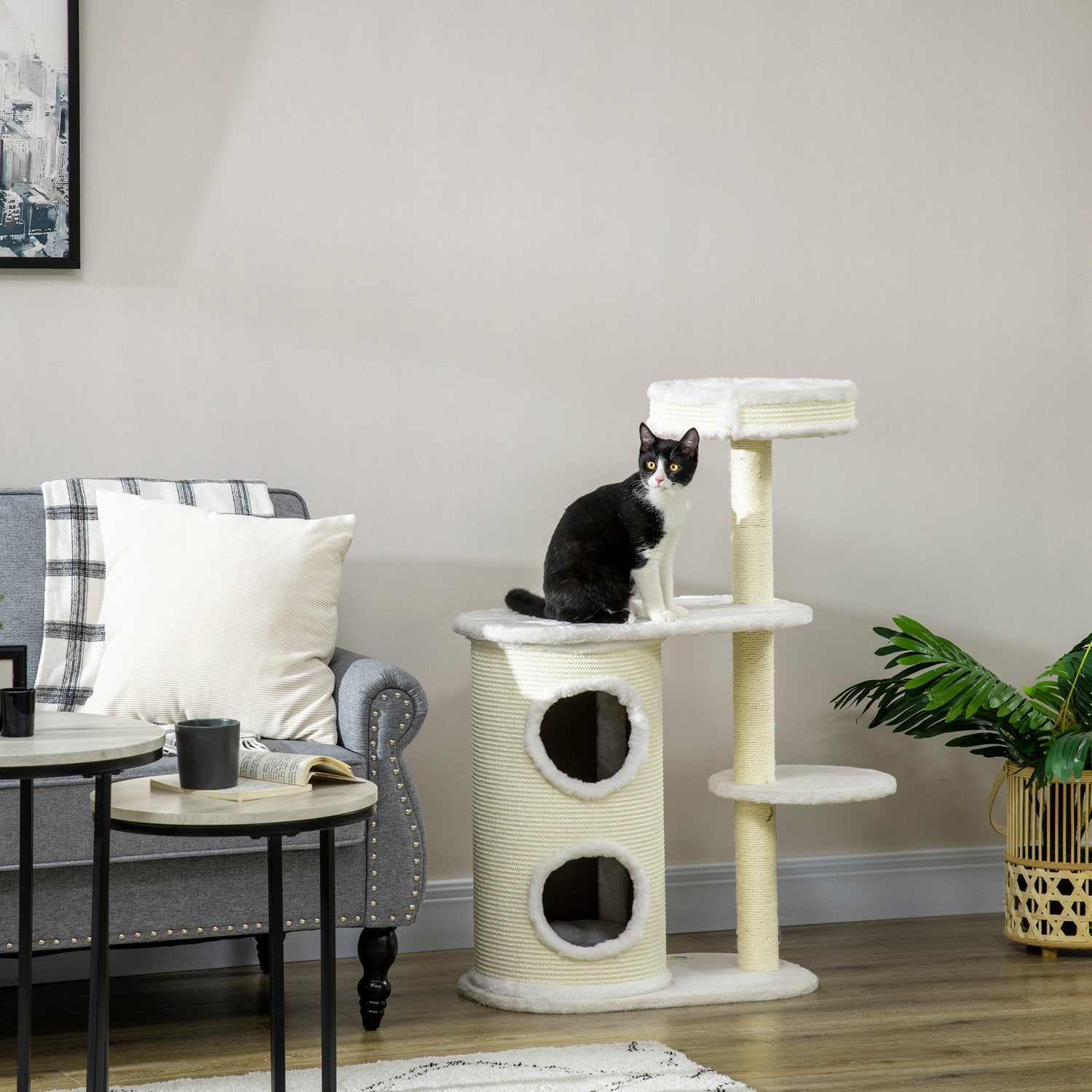 Kattskrapstolpe 100 cm med fat, sisal, lekboll