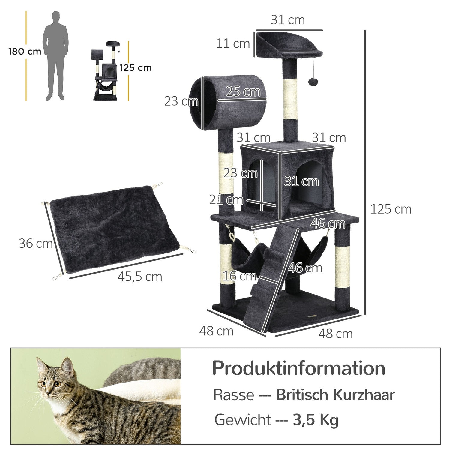 Kattskrapstolpe 125cm med hus, hängmatta & tunnel