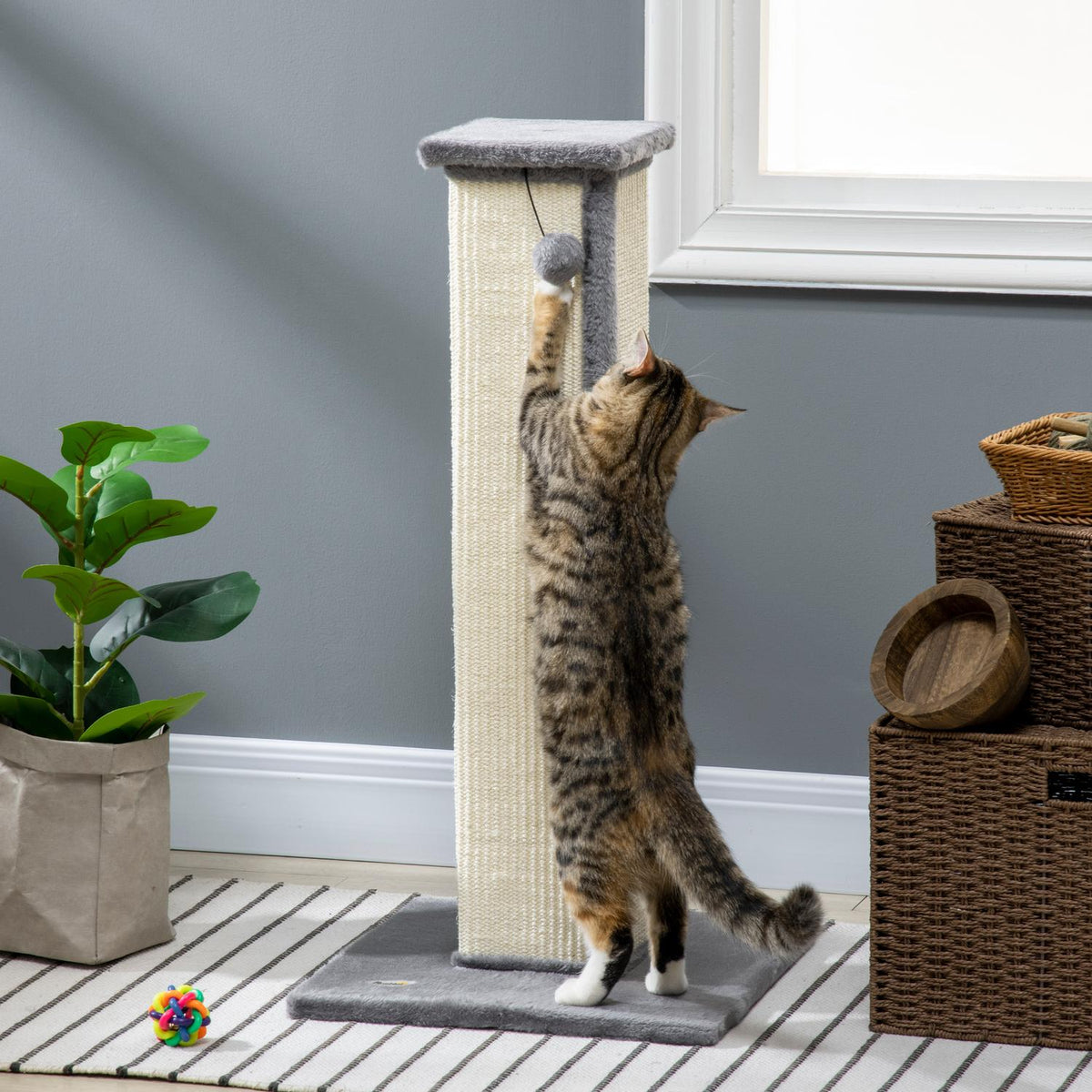 Kattskrapstolpe, 81 cm sisal, grå och kräm med lekboll