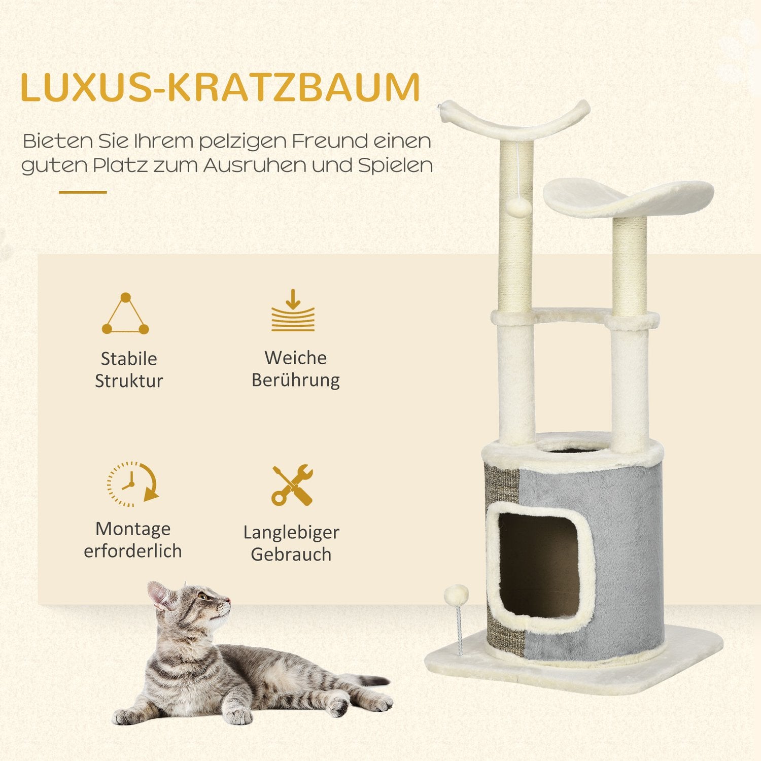 Kattskrapstolpe med grotta, plattform och lekboll, gräddvit