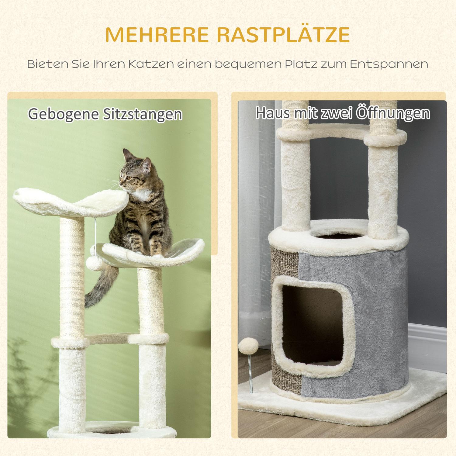 Kattskrapstolpe med grotta, plattform och lekboll, gräddvit
