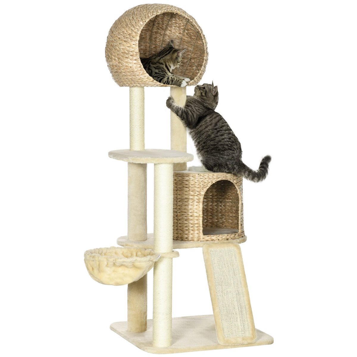 Kratzsäule mit Rattanhaus und Hängematte, beige
