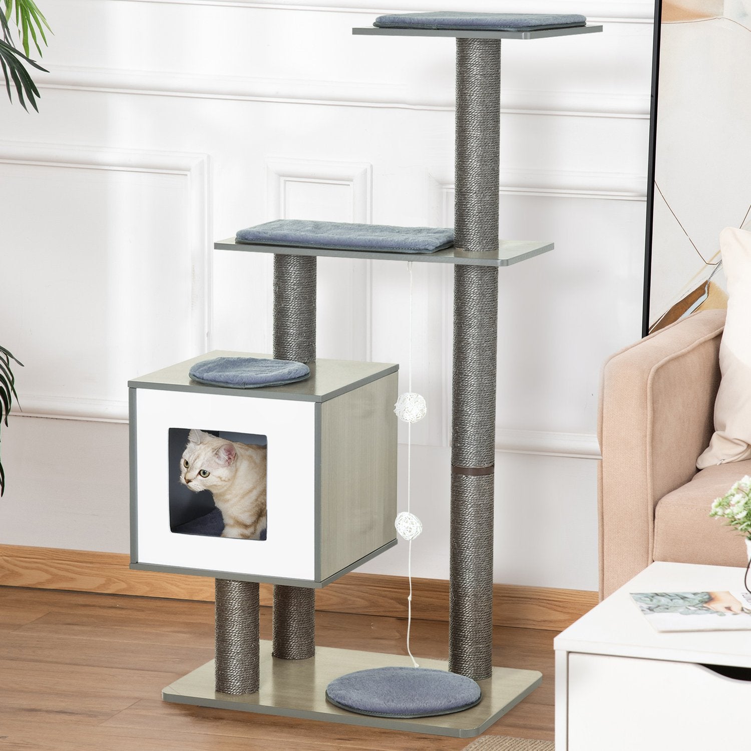Kattskrapstolpe med sisal och leksaksboll, grå, stor