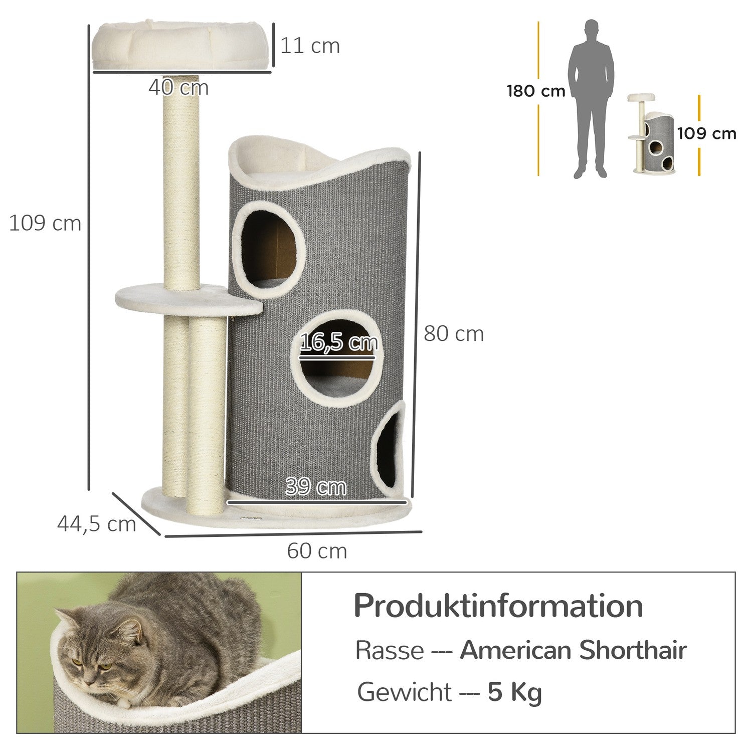 Kattträd 109cm med skrapfat & säng, grå/vit