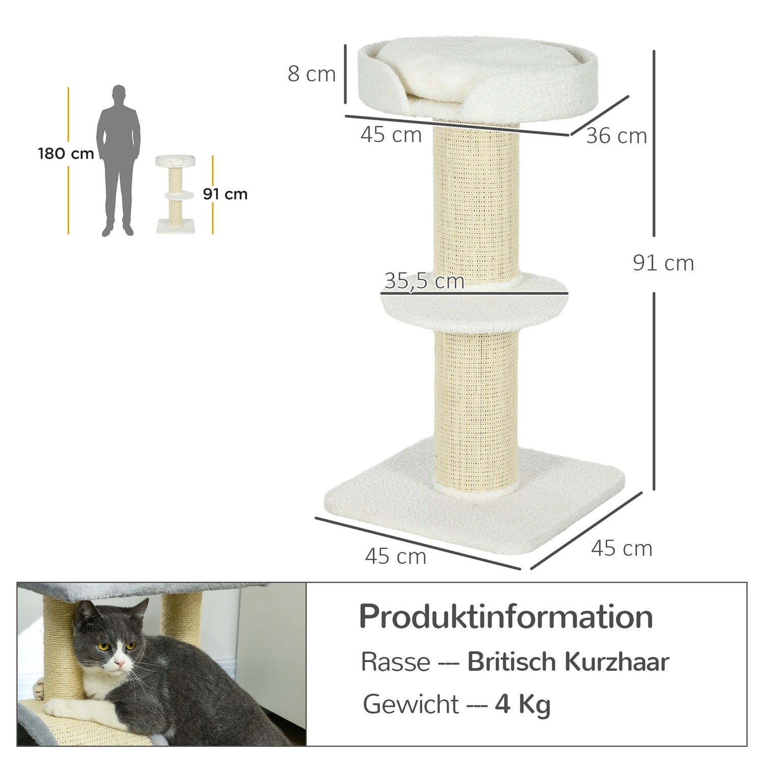 Kattträd 91cm lekträd med kattbädd, plattform lammullscreme