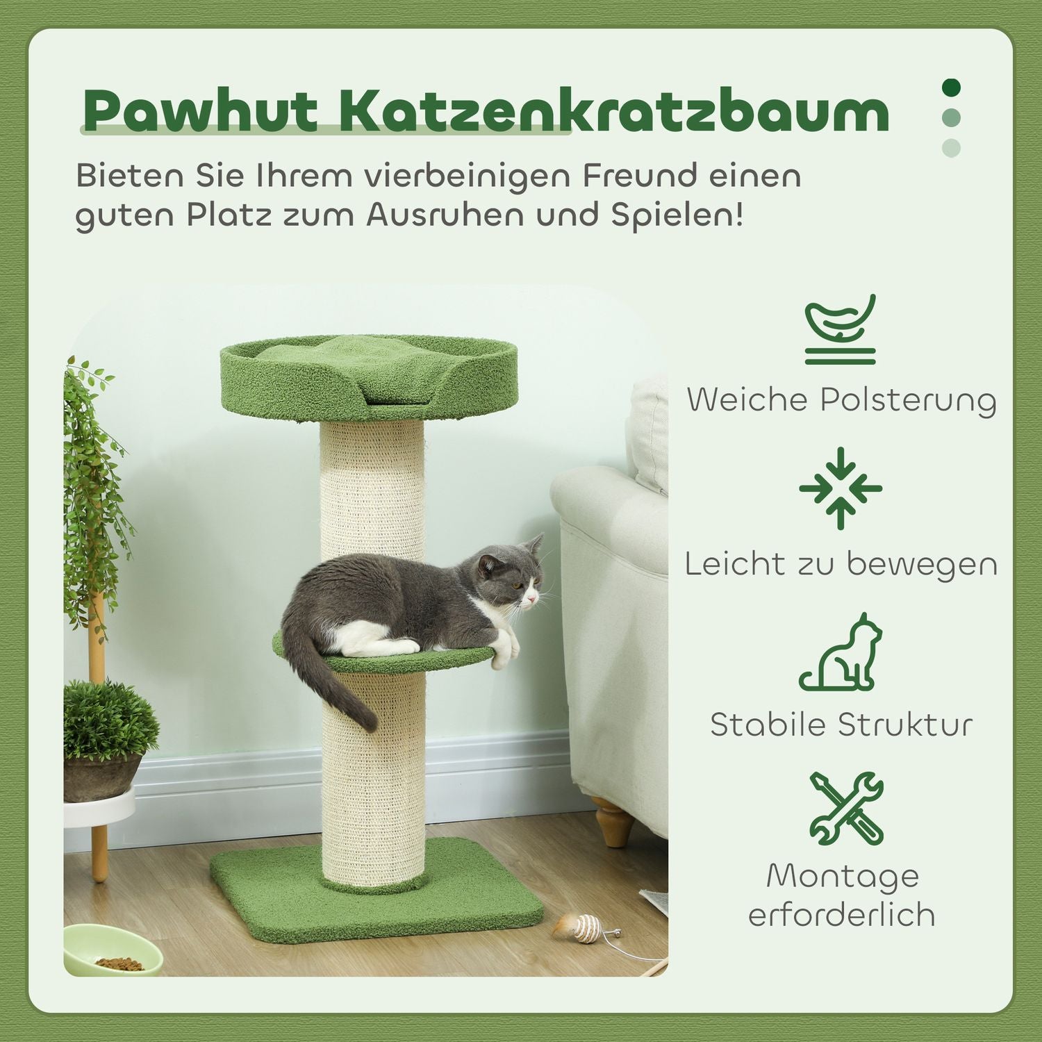 Kattträd 91cm med säng, plattformar, sisalstolpar, grönt