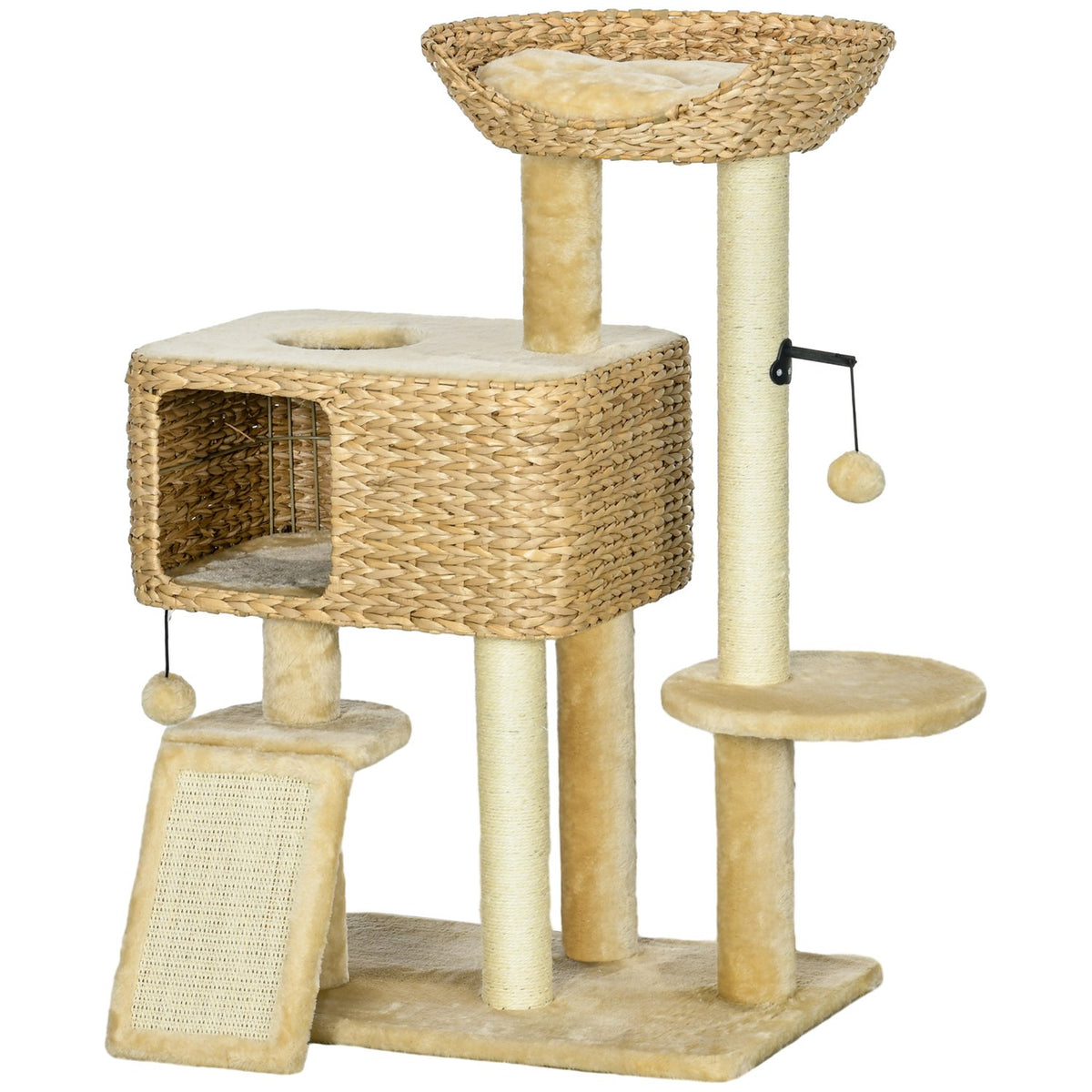 Kratzbaum 98cm mit Sisal, 2 Betten, Spielball, Beige