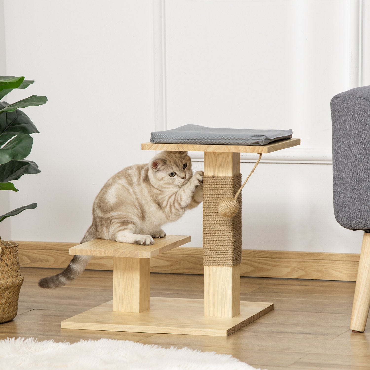 Kattträd inomhus/utomhus med jutekudde, 2 plattformar