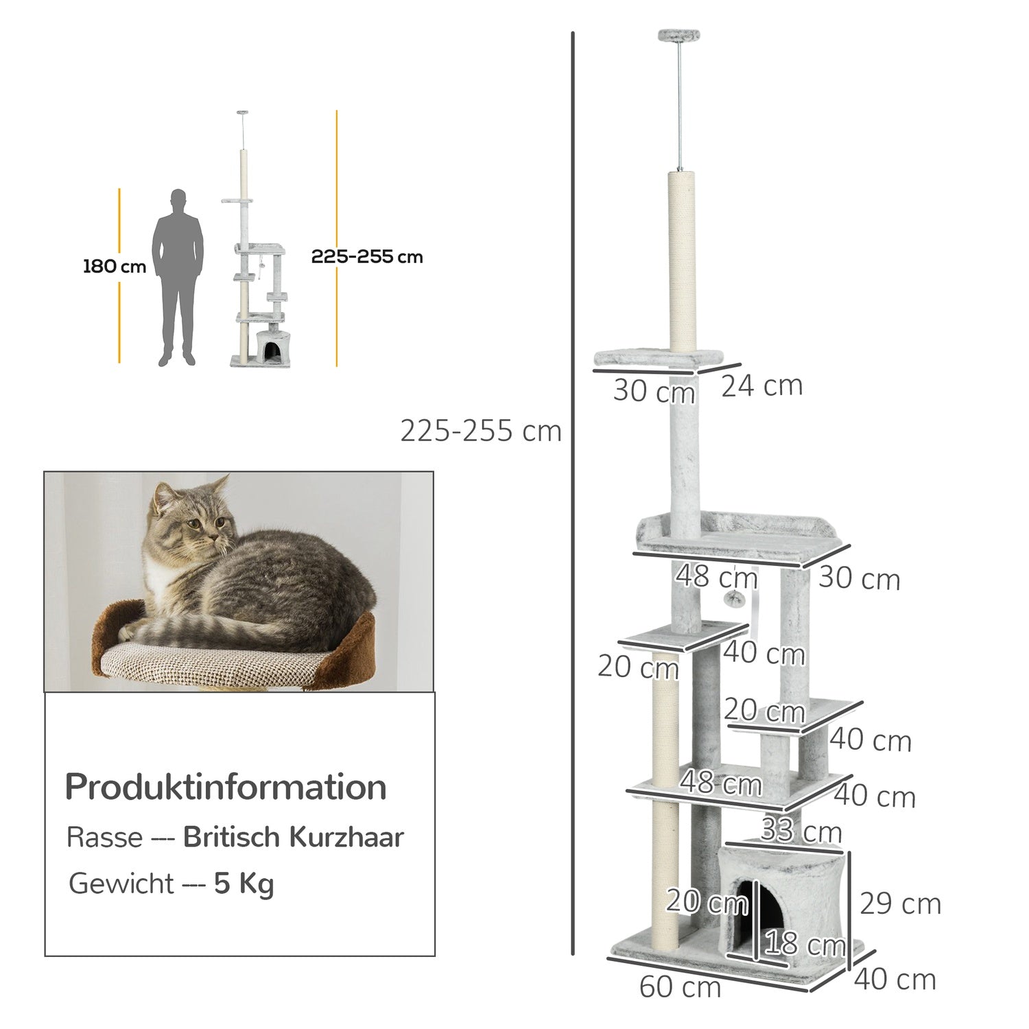 Kattträd med högt i tak, skrapstolpe, ljusgrå, 225-255 cm