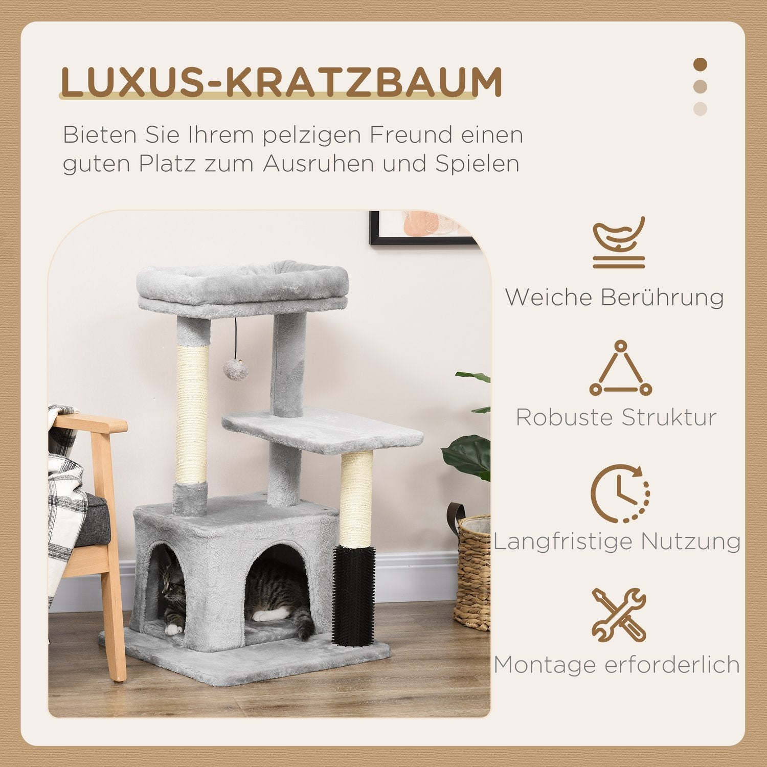 Kattträd med skrabbstänger, kattgrotta & massage, grå