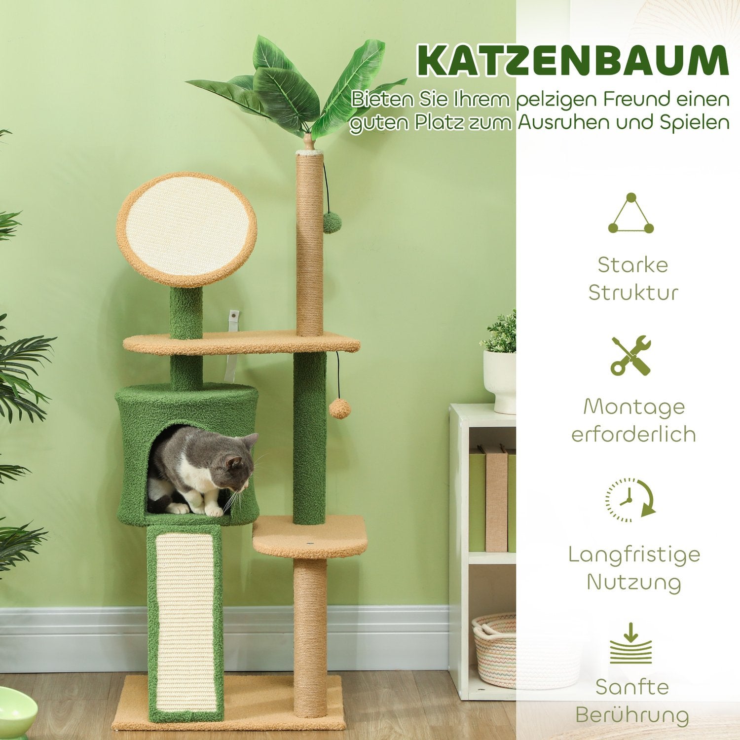 Kattträdskrapstolpe 139 cm med grotta, lekboll, grön