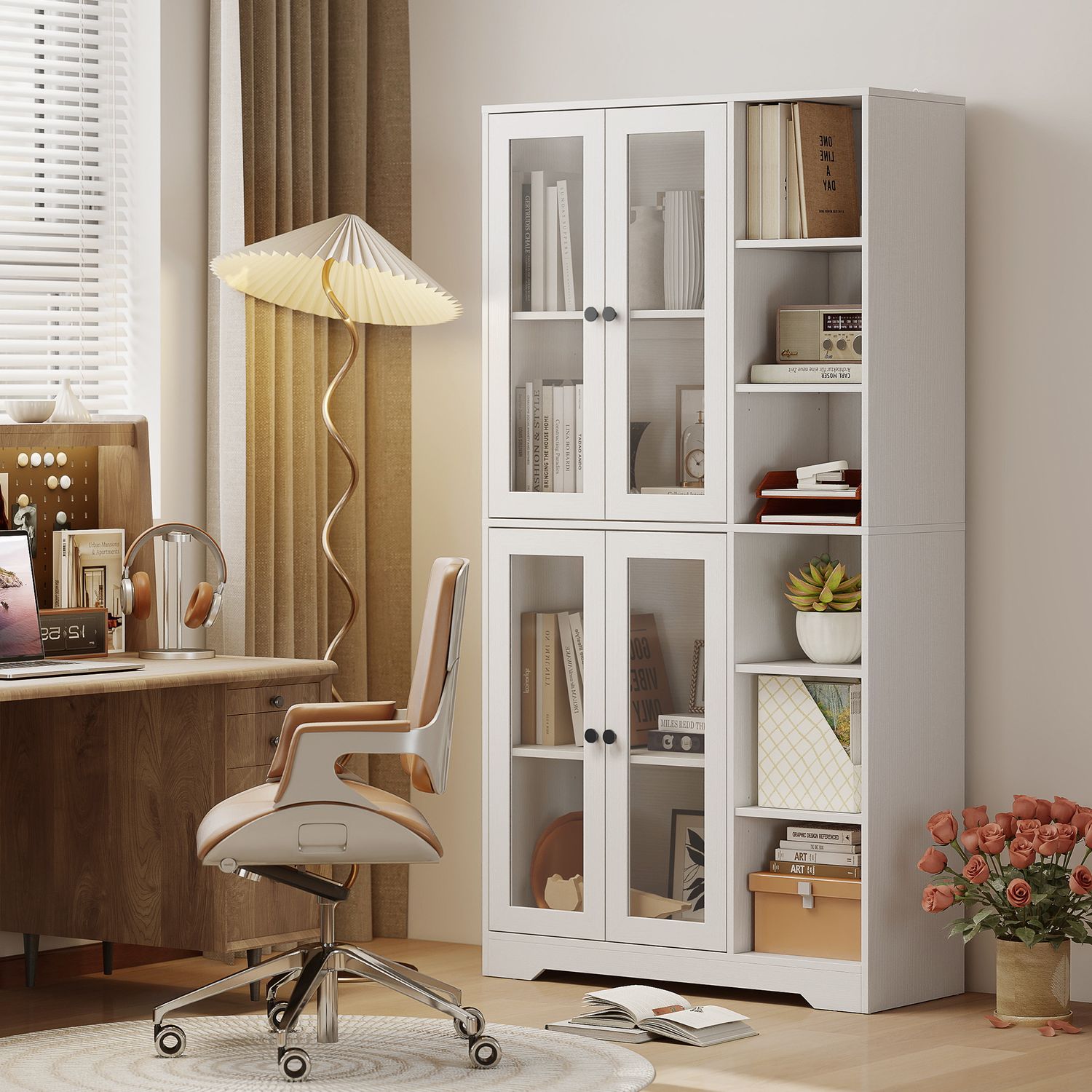 Köksskåp med glasdörrar, hyllor, 172 cm, vit MDF