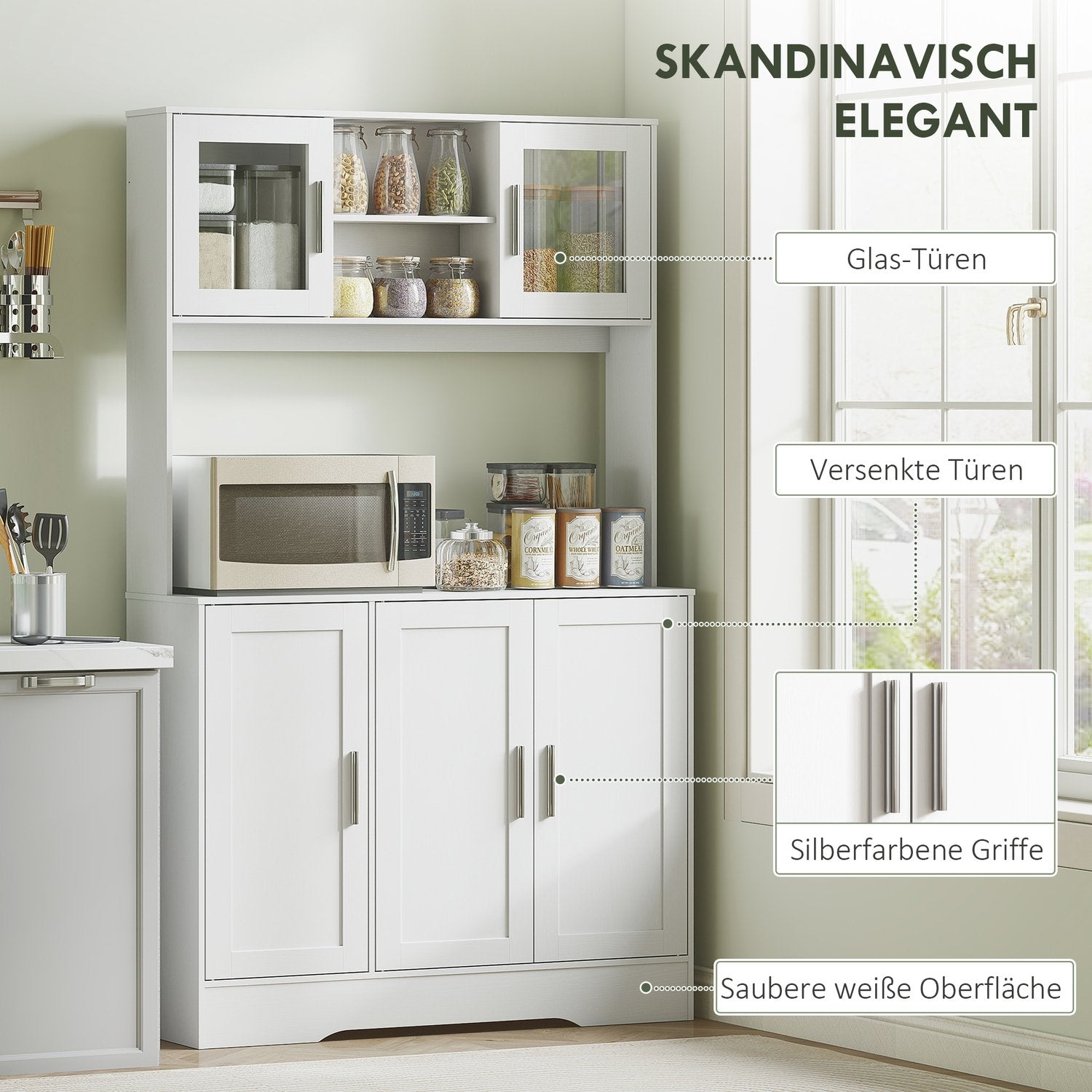 Köksskåp, skandinavisk design, 4 skåp, justerbara hyllplan, glasdörrar, öppen yta, spånskiva, MDF, vit