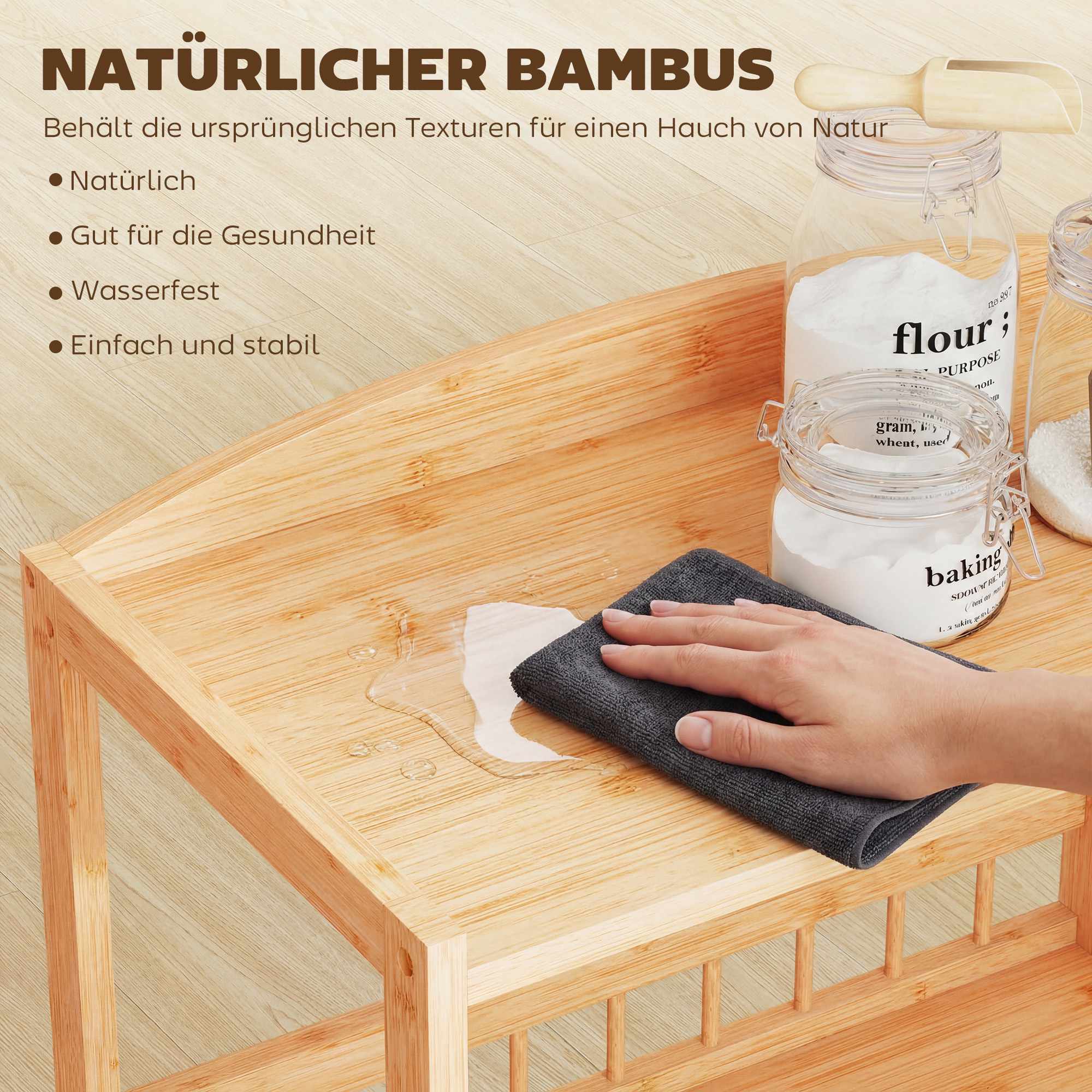 Köksvagn i bambu med hjul – 3 hyllor, naturträ