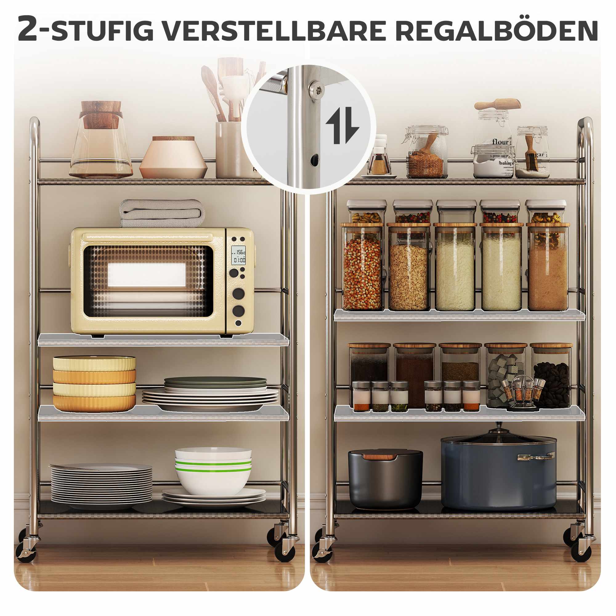 Köksvagn med 4 våningar, justerbara hyllor, rostfritt stål
