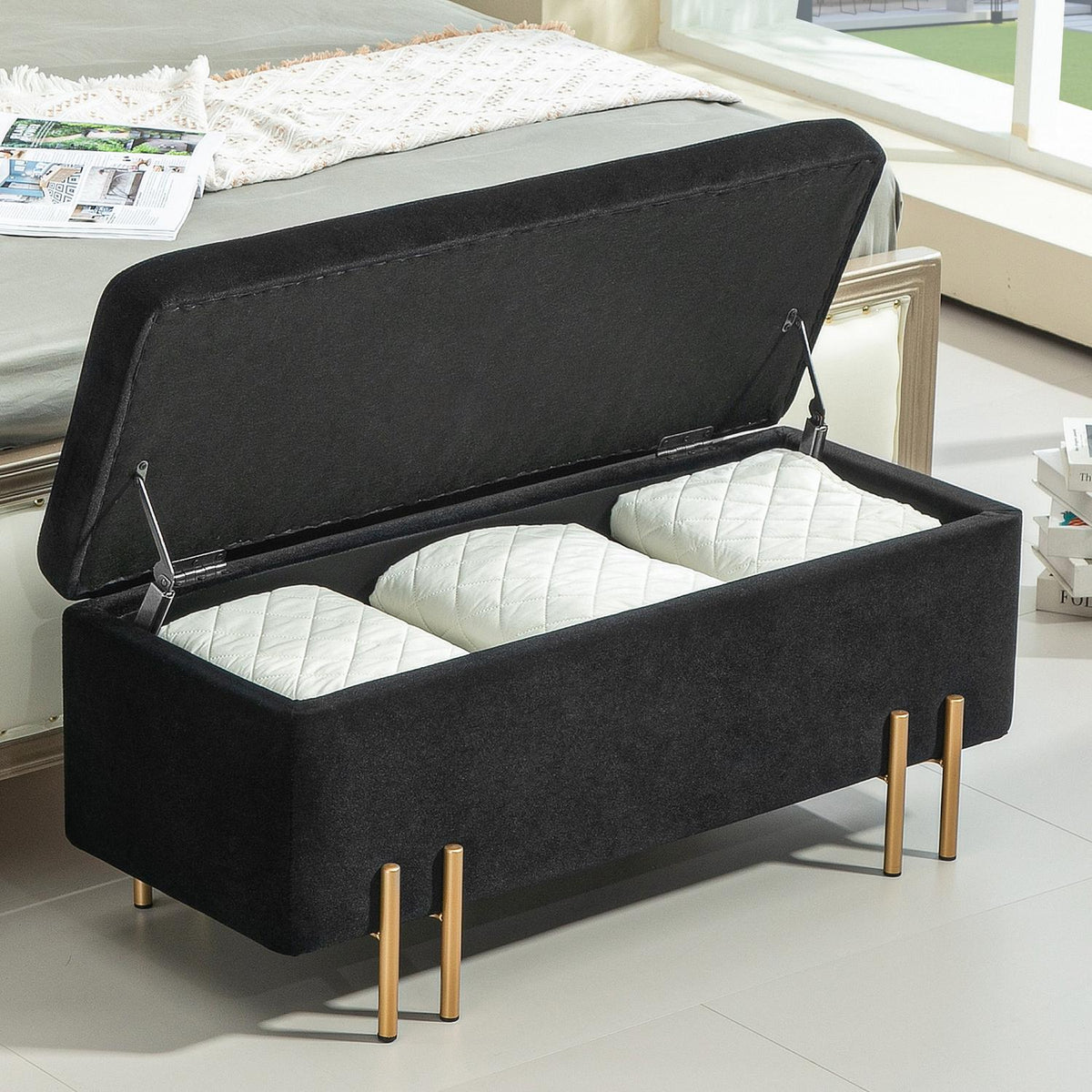 Banc de rangement revêtu, tissu, noir, 100x40x42 cm