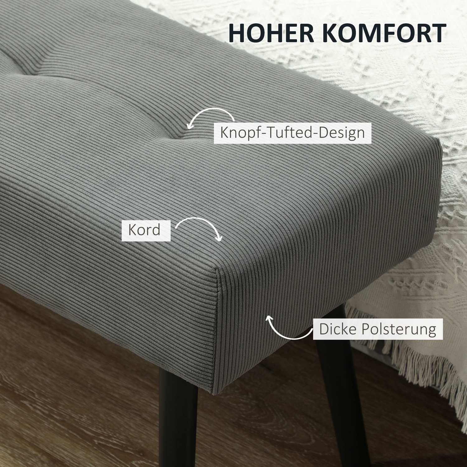 Klädd bänk med manchesteröverdrag, sängbänk med metallben, skobänk 100 x 36 x 45 cm grå