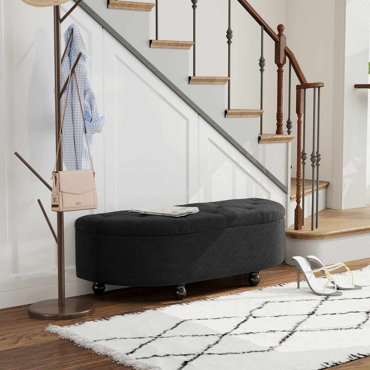 Banc de rangement revêtu avec assise en velours, bois d'hévéa