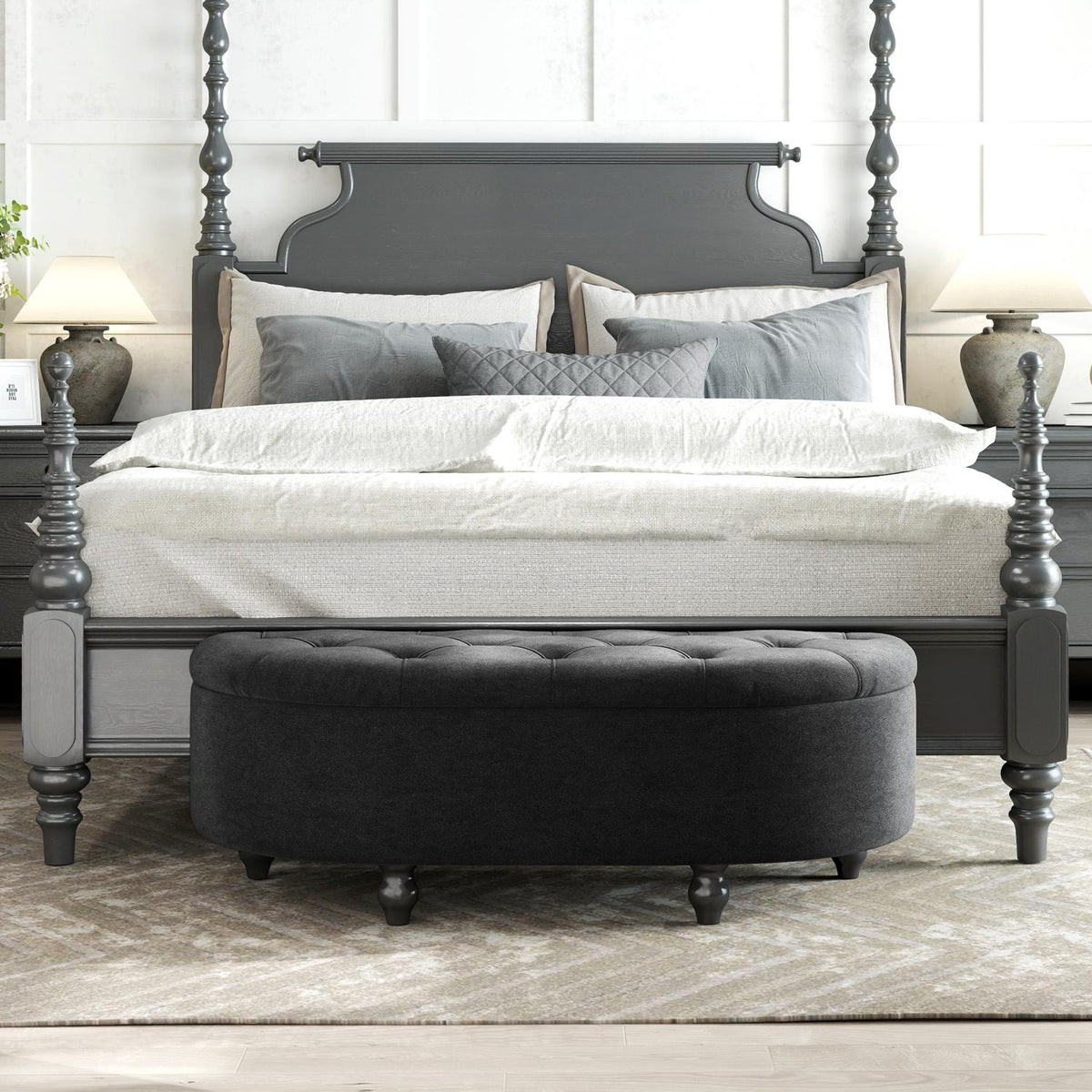 Banc de rangement revêtu avec assise en velours, bois d'hévéa