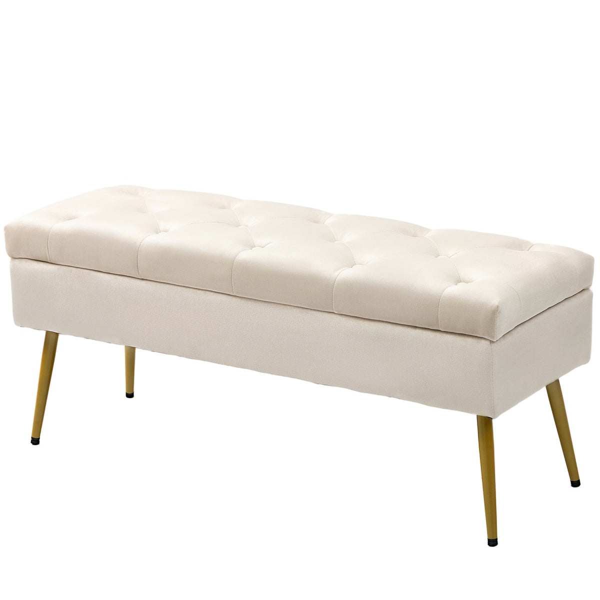 Banc de rangement revêtu, aspect velours, beige, 102 x 35 x 43 cm