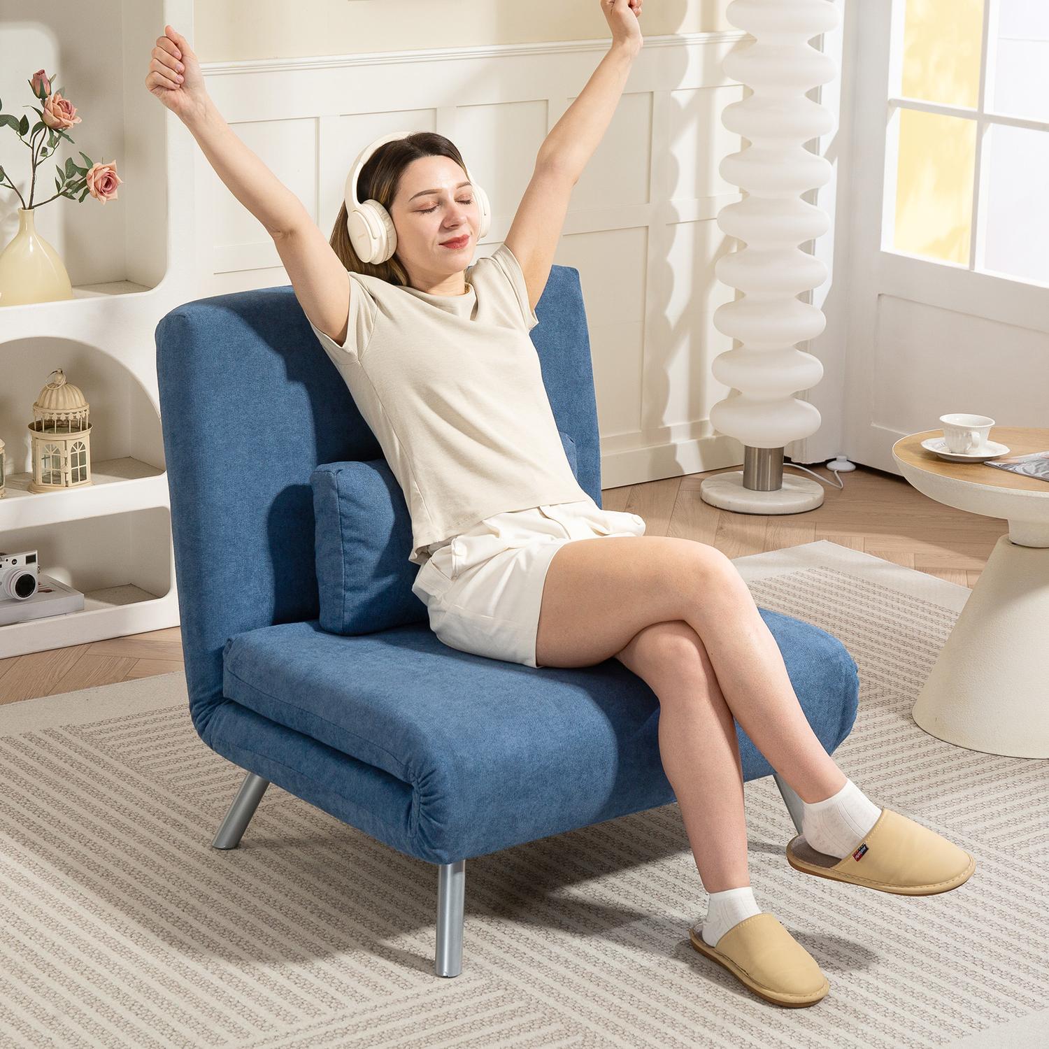 Klädd fåtölj med sängfunktion, 2-i-1 design, sovfåtölj, gästsäng, tygöverdrag, med dyna, blå