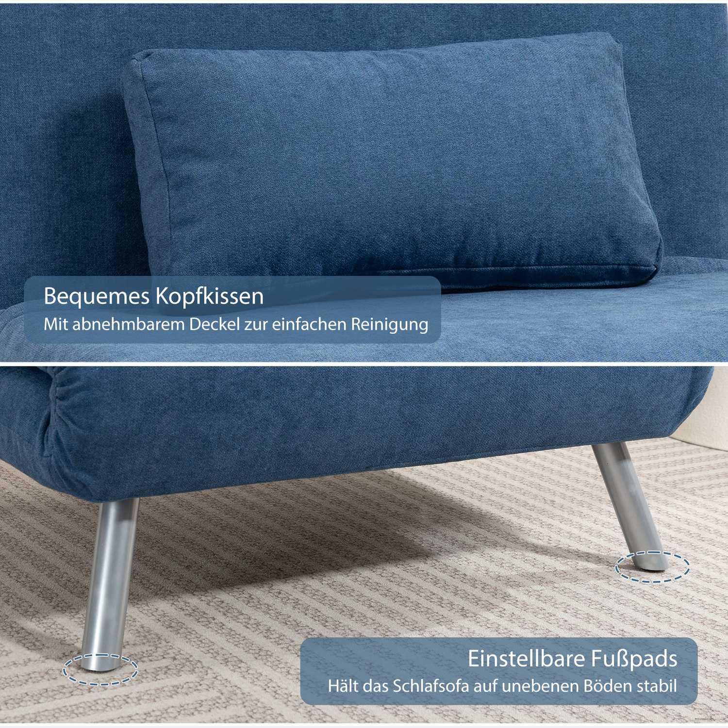 Klädd fåtölj med sängfunktion, 2-i-1 design, sovfåtölj, gästsäng, tygöverdrag, med dyna, blå