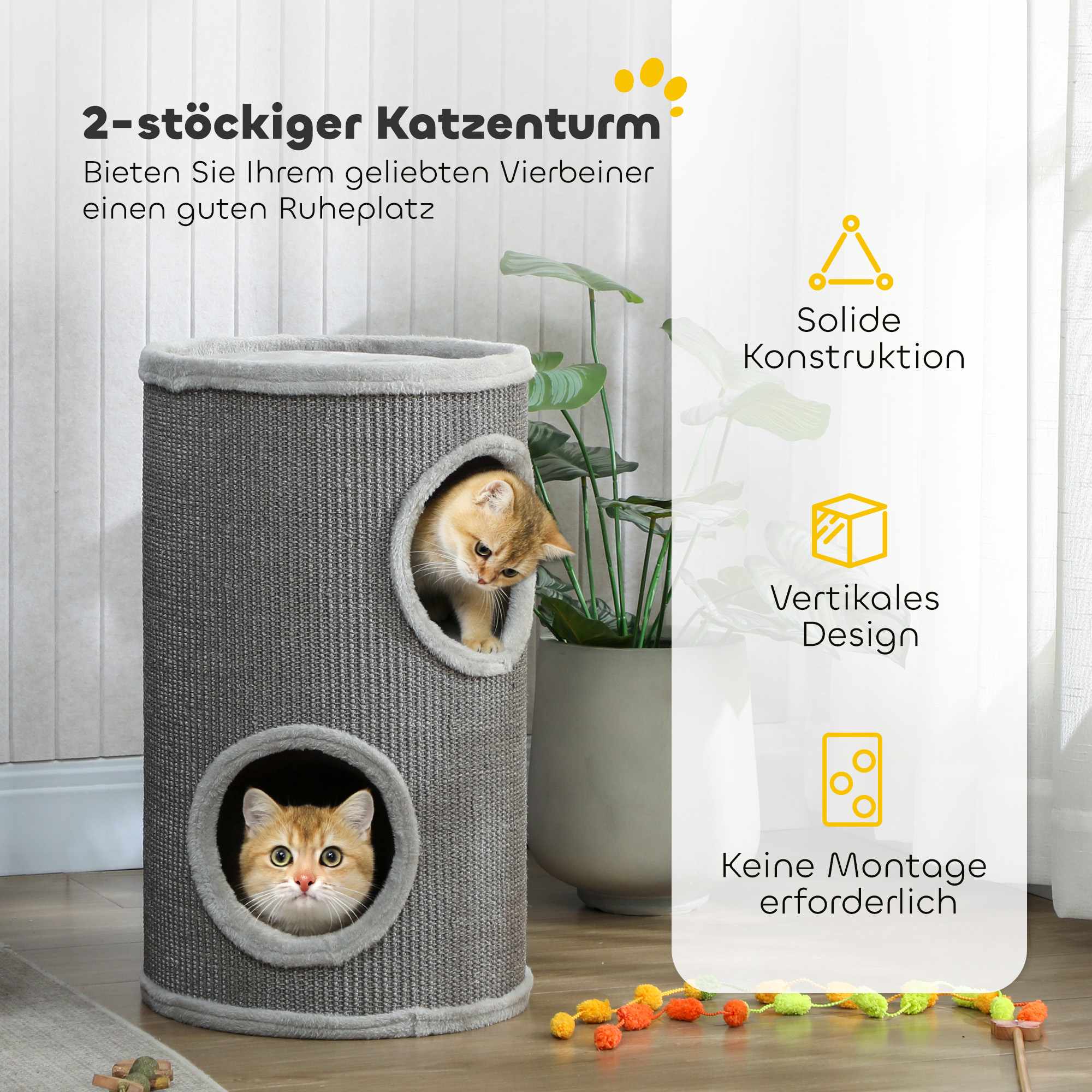 Klöstorn för katt, 2 våningar, sisal och plysch, ljusgrå