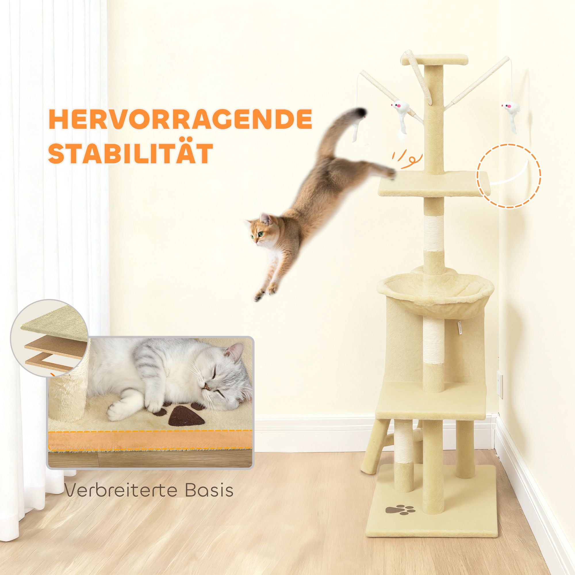 Klösträd med grotta, sisalstolpar, leksaker, beige, katter <5kg