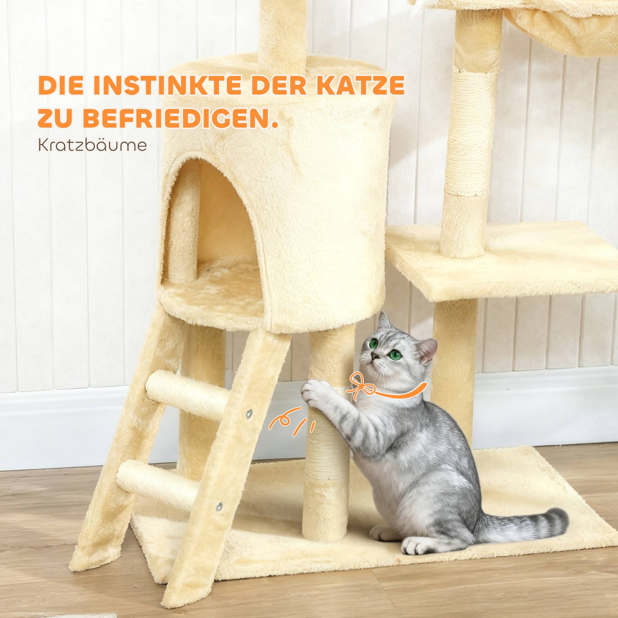 Klösträd med grotta, sisalstolpar, leksaker, beige, katter <5kg