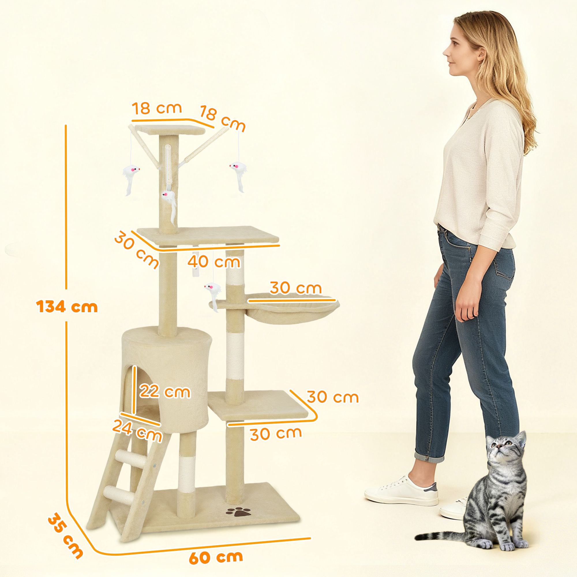 Klösträd med grotta, sisalstolpar, leksaker, beige, katter <5kg