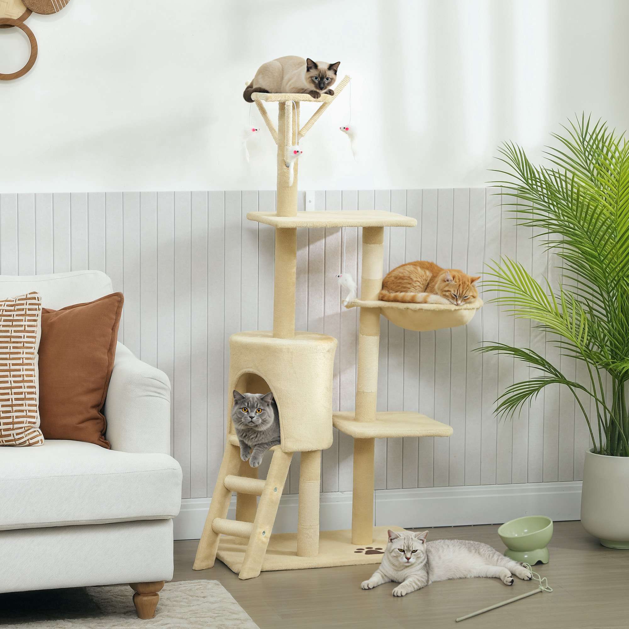 Klösträd med grotta, sisalstolpar, leksaker, beige, katter <5kg