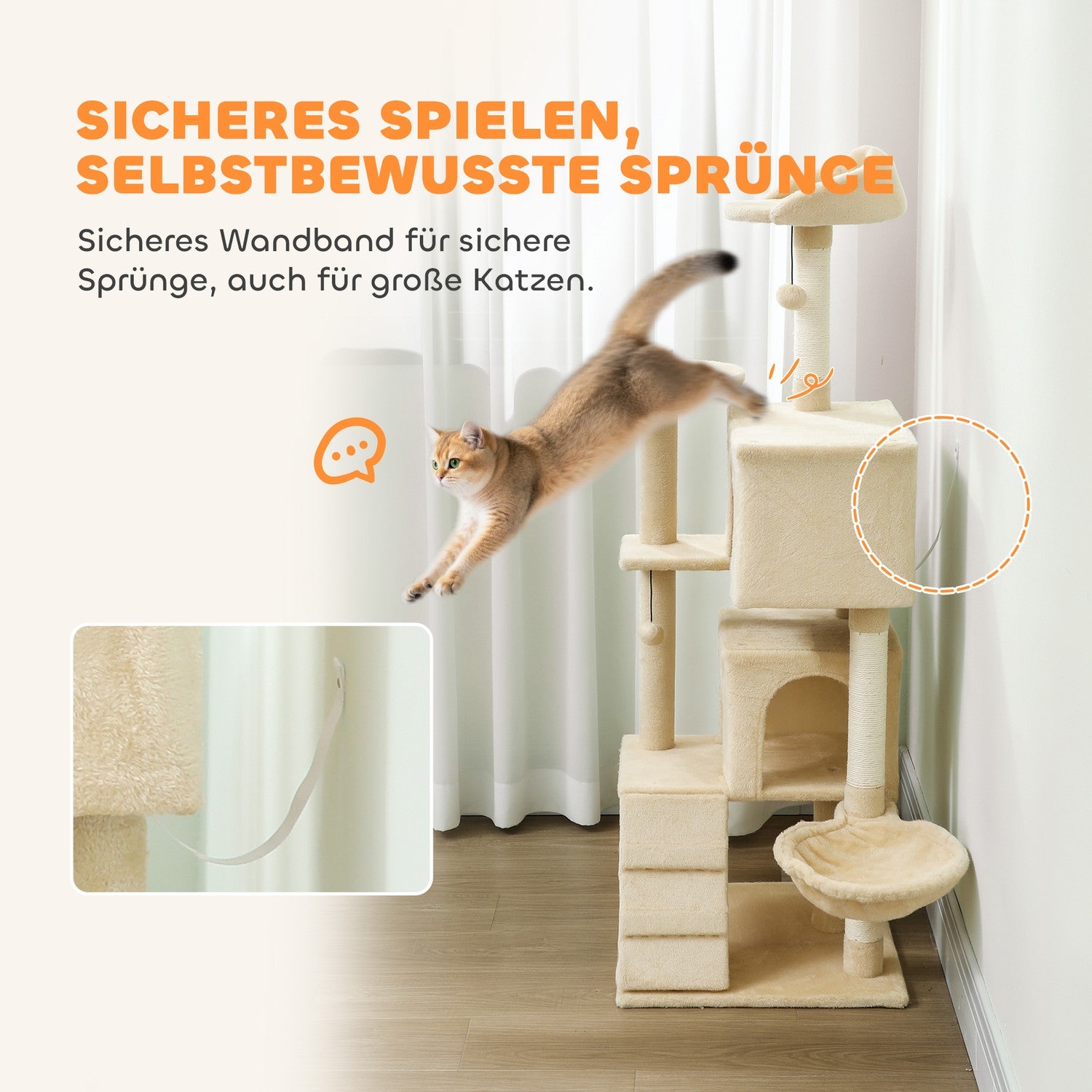 Klösträdstorn med hängmatta, stege, grotta, 140 cm, beige