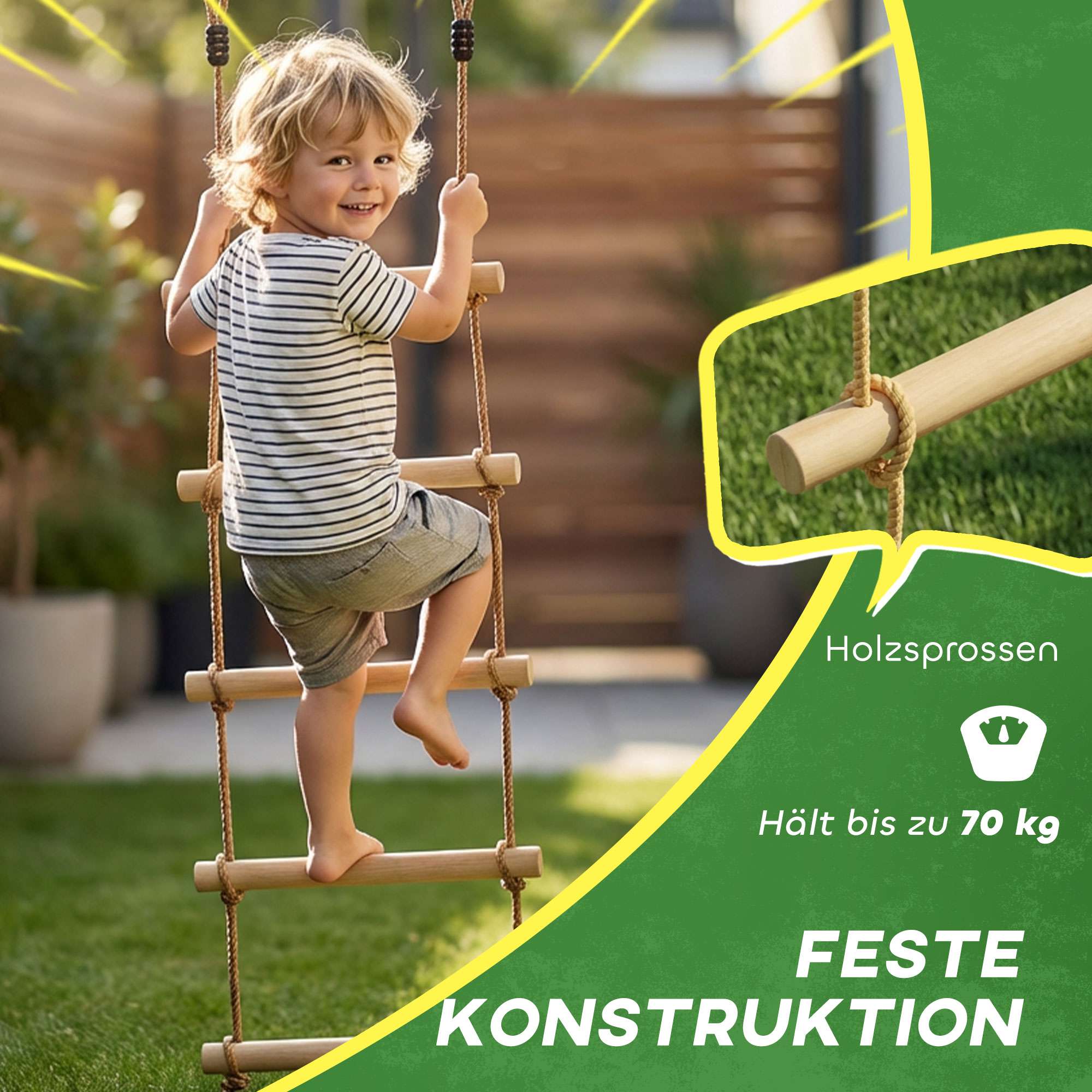 Klätterrepset för barn, 5 trästeg, 1,8 m rep