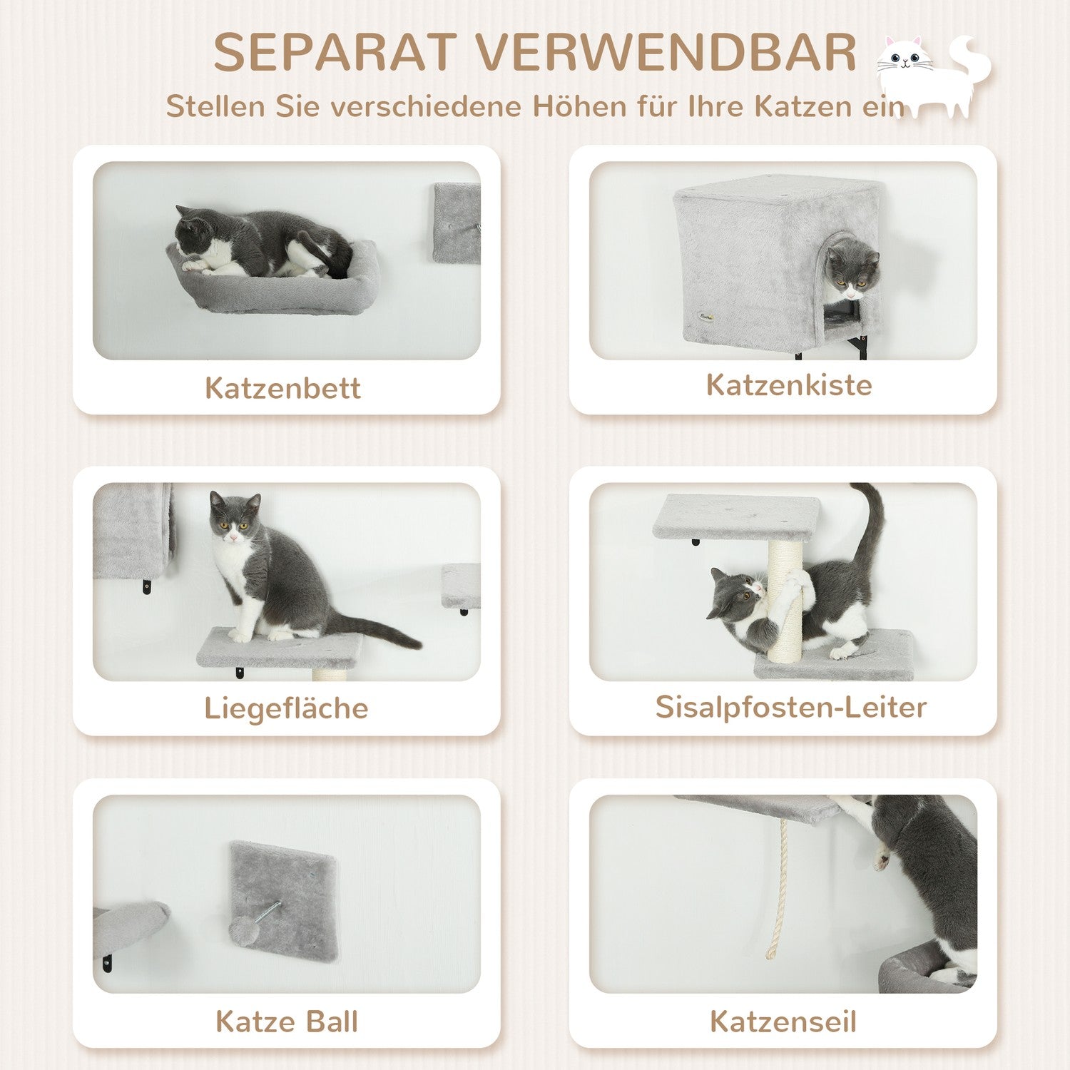 Klättervägg för katter 7-delad kattklätterväggssats med katthus, plattform, plattform grå