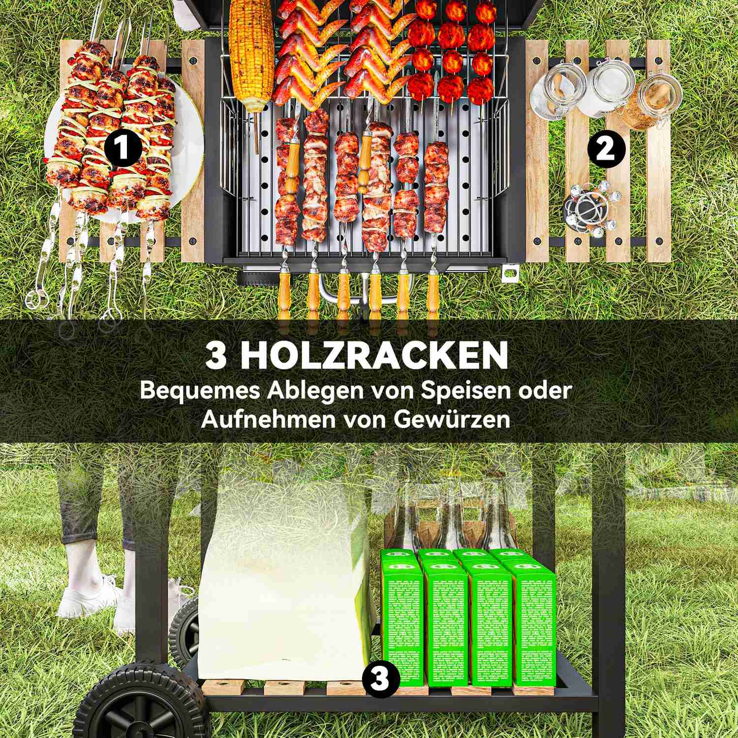 Kolgrill i rostfritt stål, mobil grillvagn med lock, termometer, grillgaller, hjul, justerbart handtag, kolbricka, kolgrillvagn med vedhylla, BBQ rökare för camping, trädgård 112x58x107cm |
