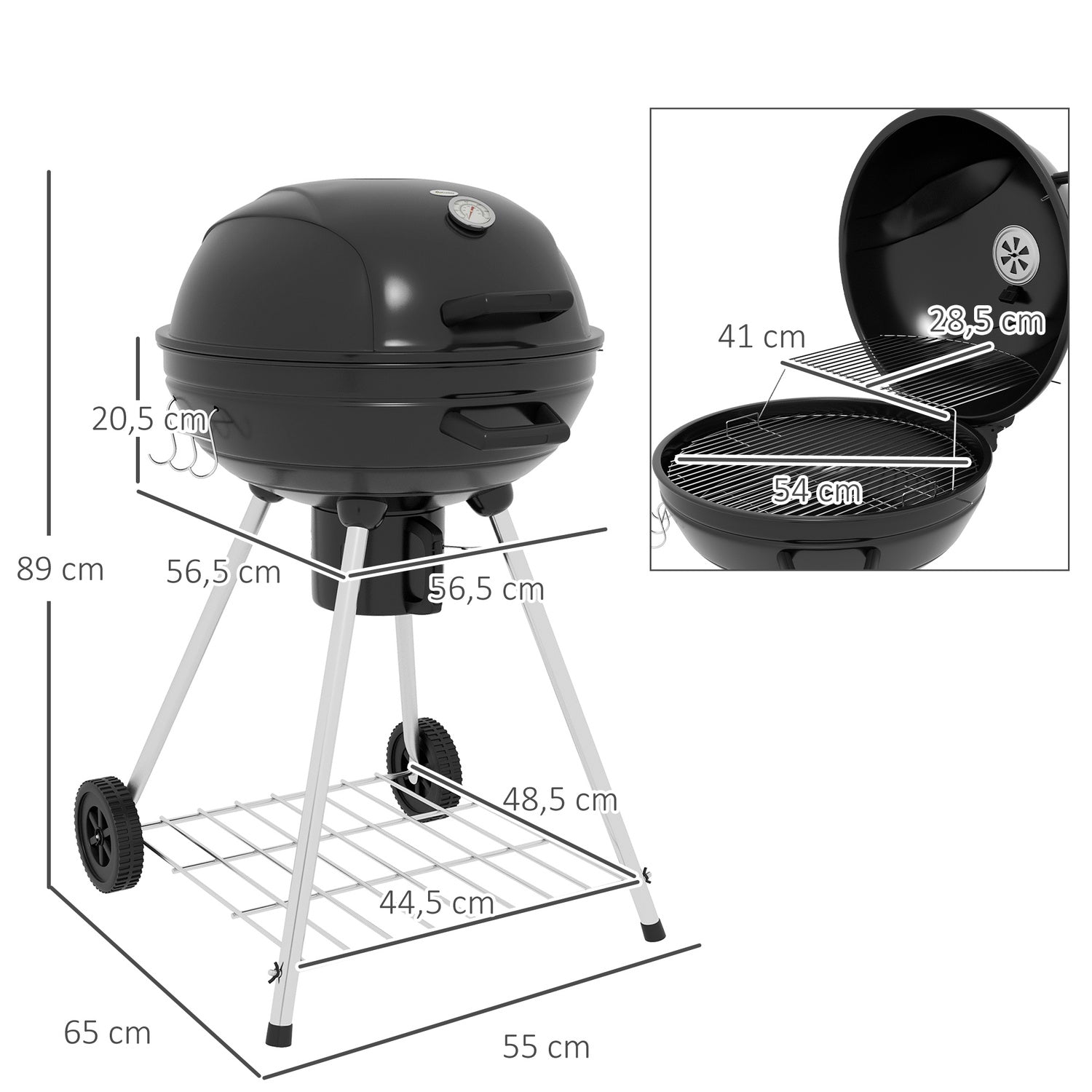 Kolgrill med hjul, hylla och termometer