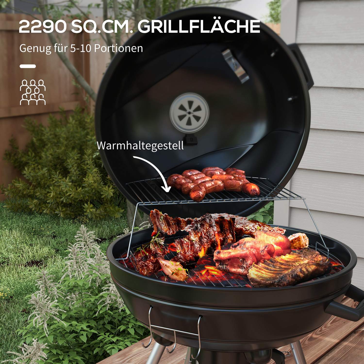 Kolgrill med hjul, hylla och termometer