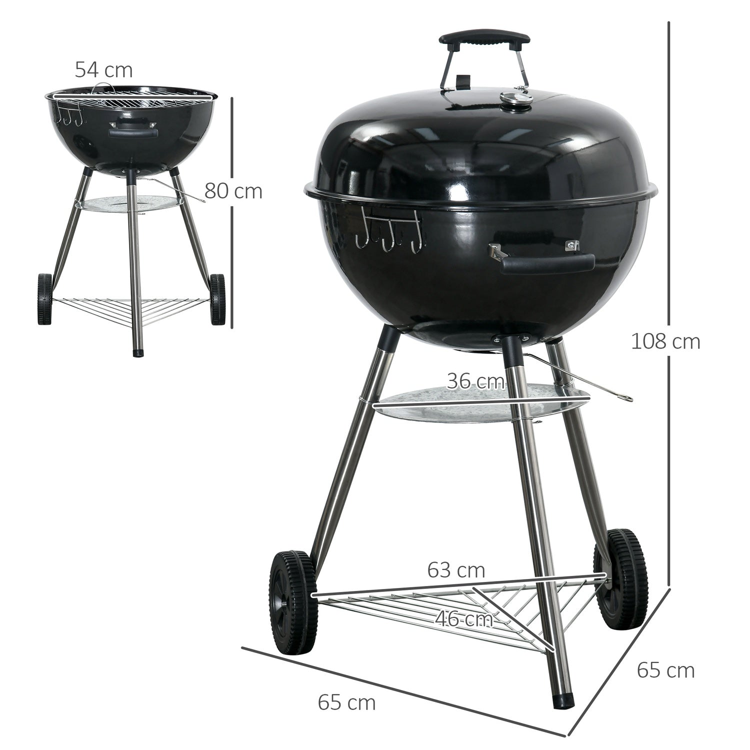 Kolgrill med lock, termometer & hylla - 65x65x108cm