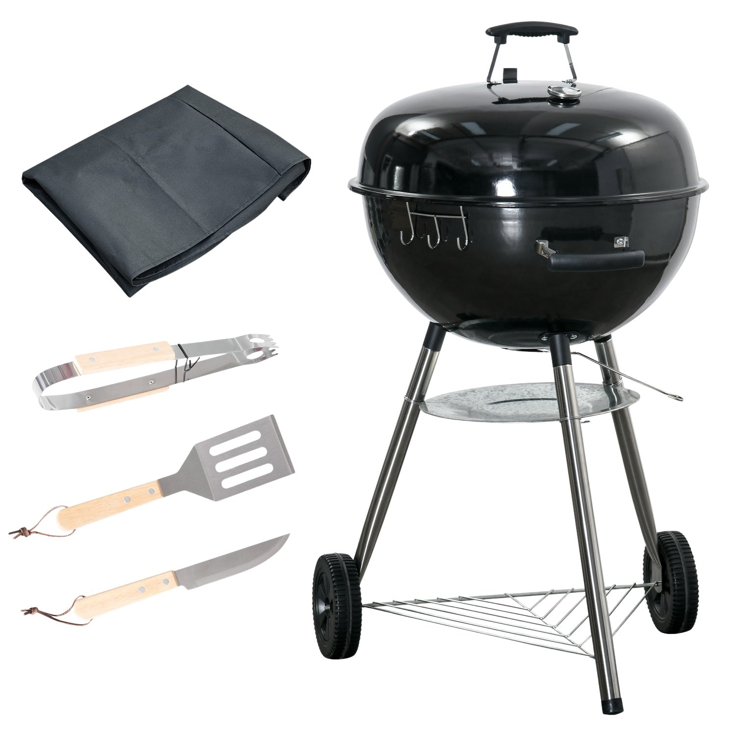 Kolgrill med lock, termometer & hylla - 65x65x108cm