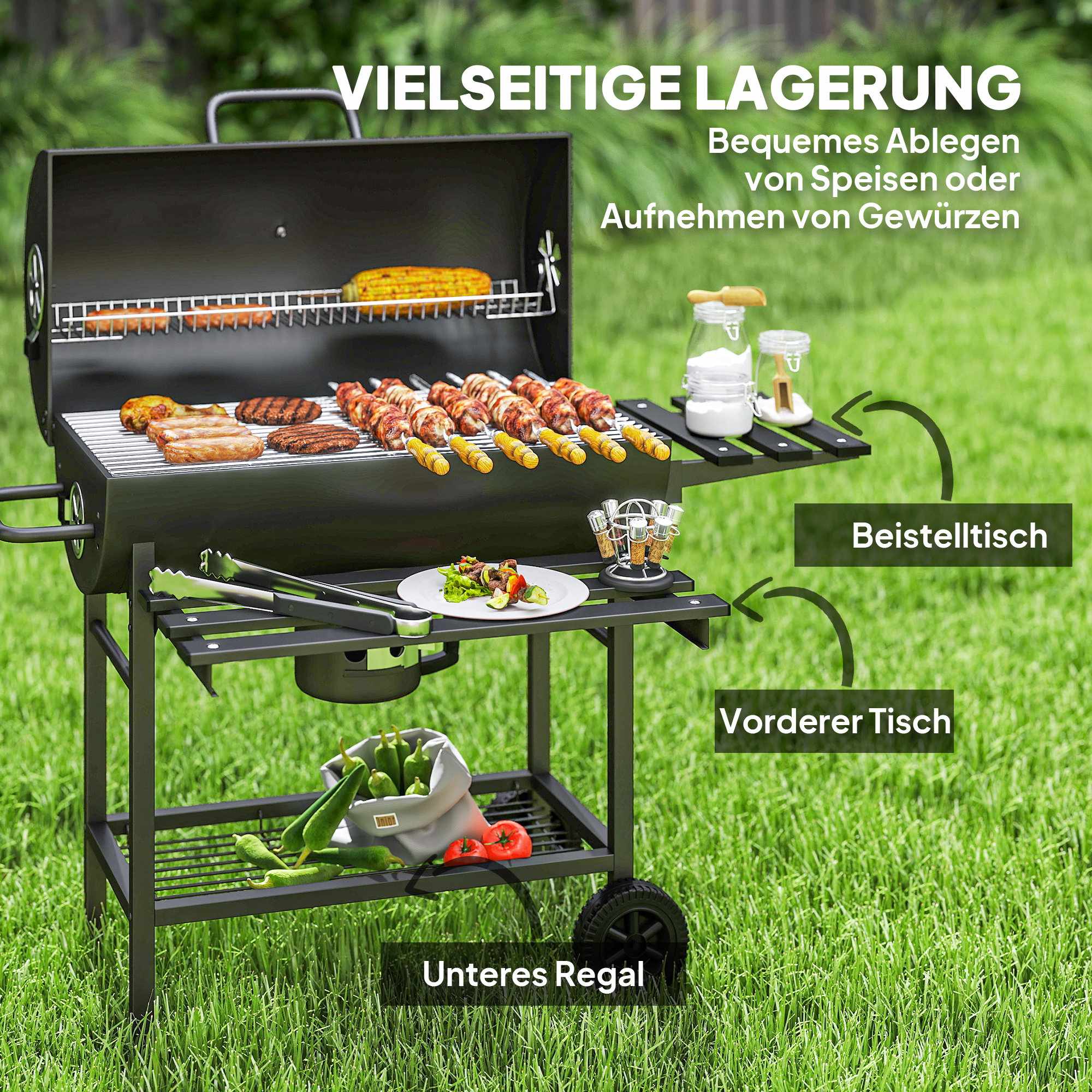 Kolgrill med termometer, justerbara ventiler, stål, svart