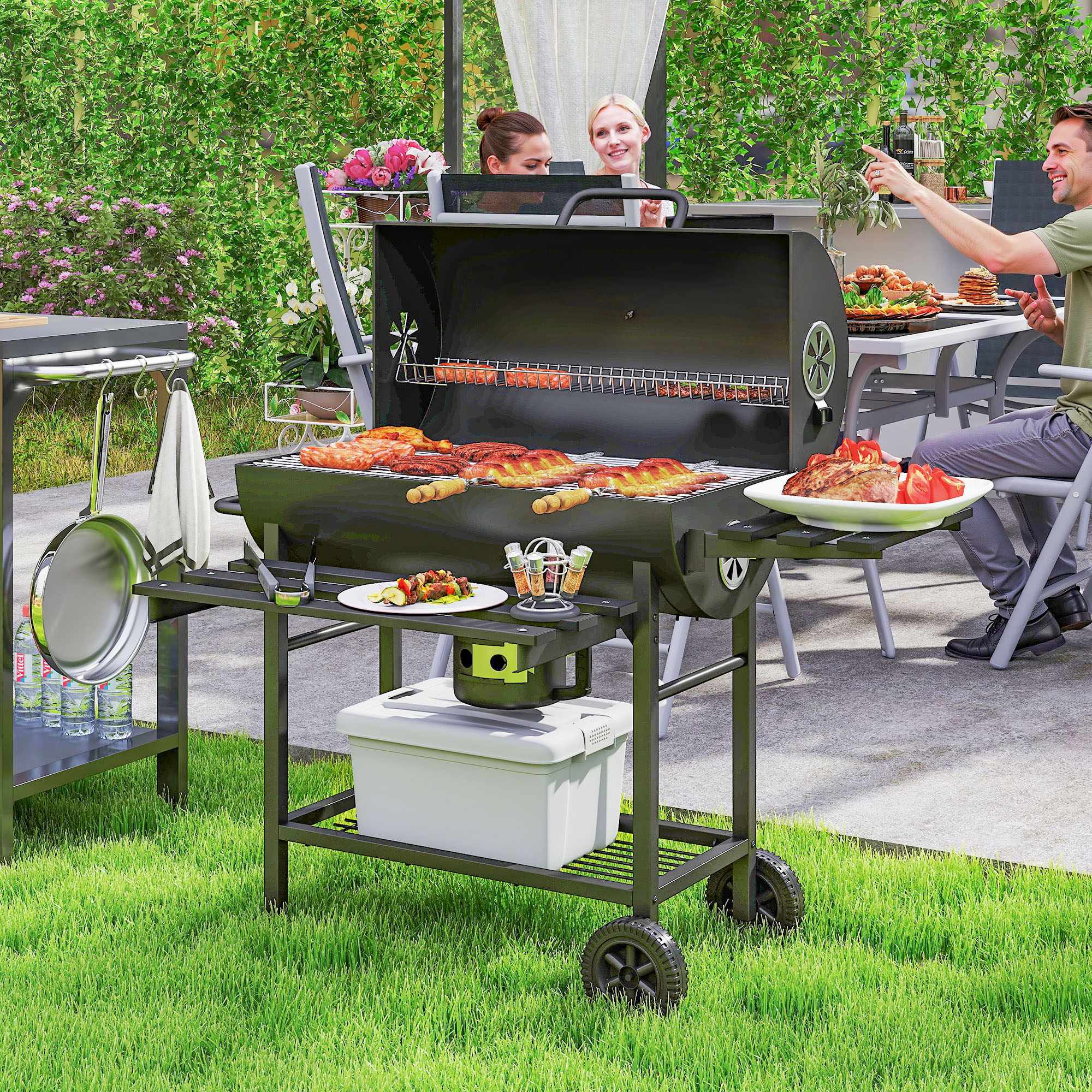 Kolgrill med termometer, justerbara ventiler, stål, svart