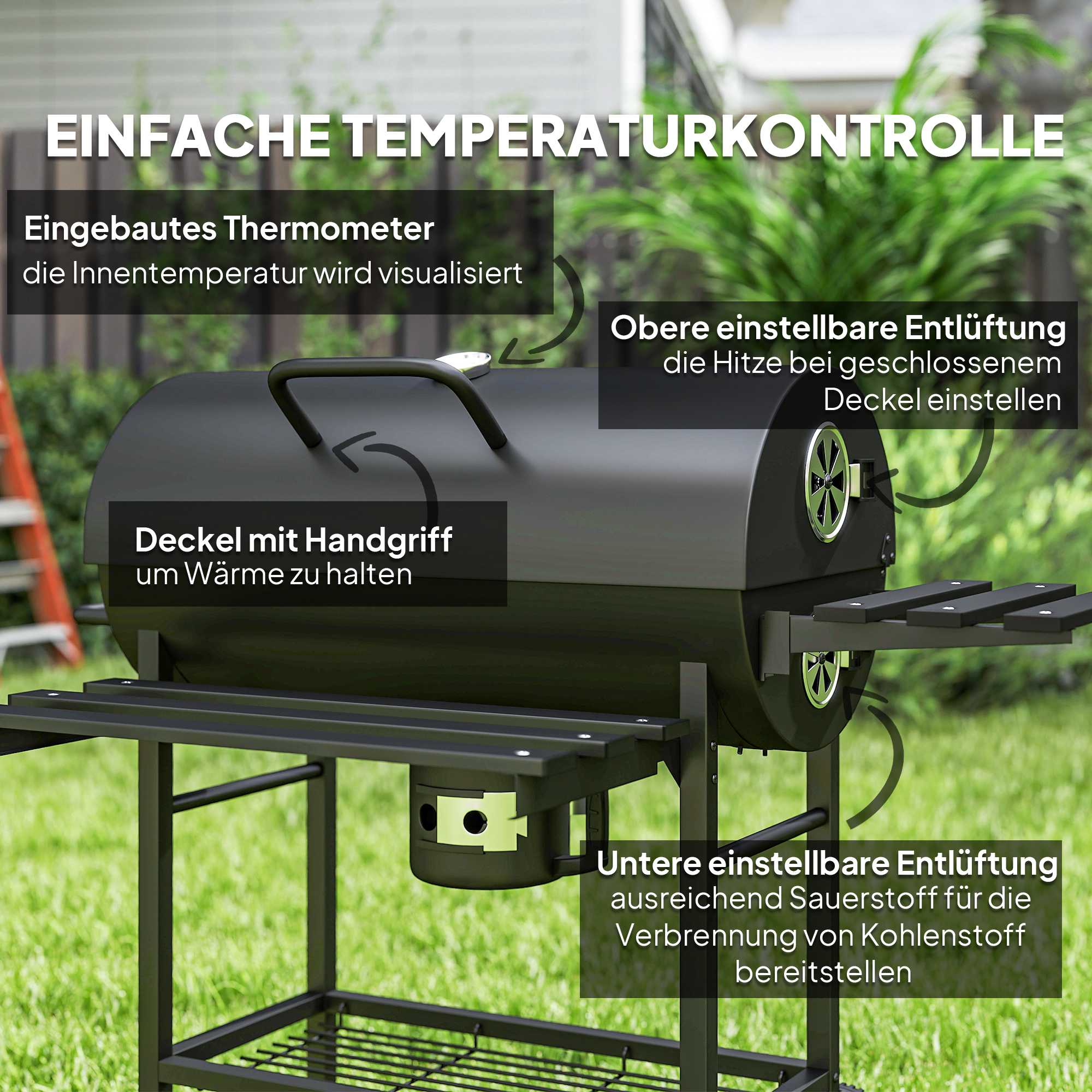 Kolgrill med termometer, justerbara ventiler, stål, svart