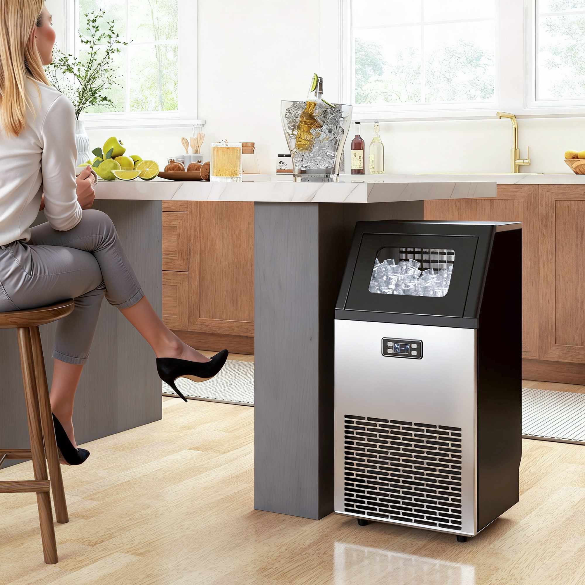 Kommersiell ismaskin, 45 kg/dag, rostfritt stål, LCD-skärm