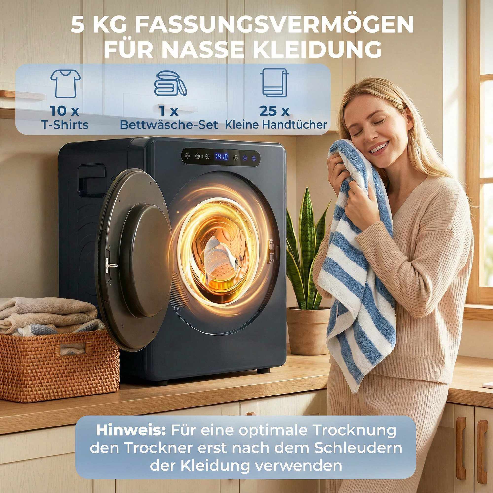 Kompakt 5 kg frontmatad torktumlare med rostfri trumma, 1000 W