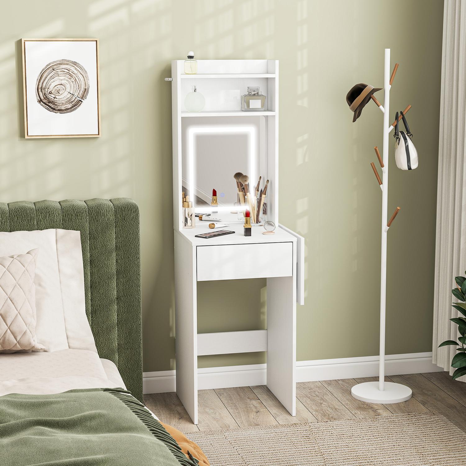 Kompakt sminkbord med spegel och LED-belysning, vikbar bordsskiva, öppna hyllor, låda, MDF, vit