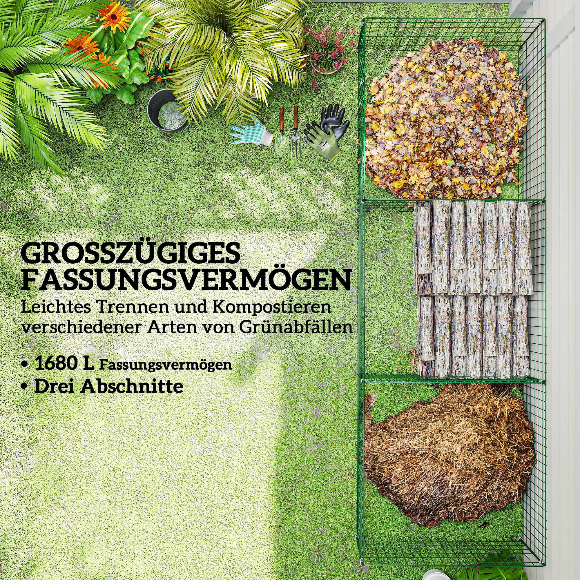 Kompostbehållare för trädgården, stål, 270 liter, öppen nätdesign